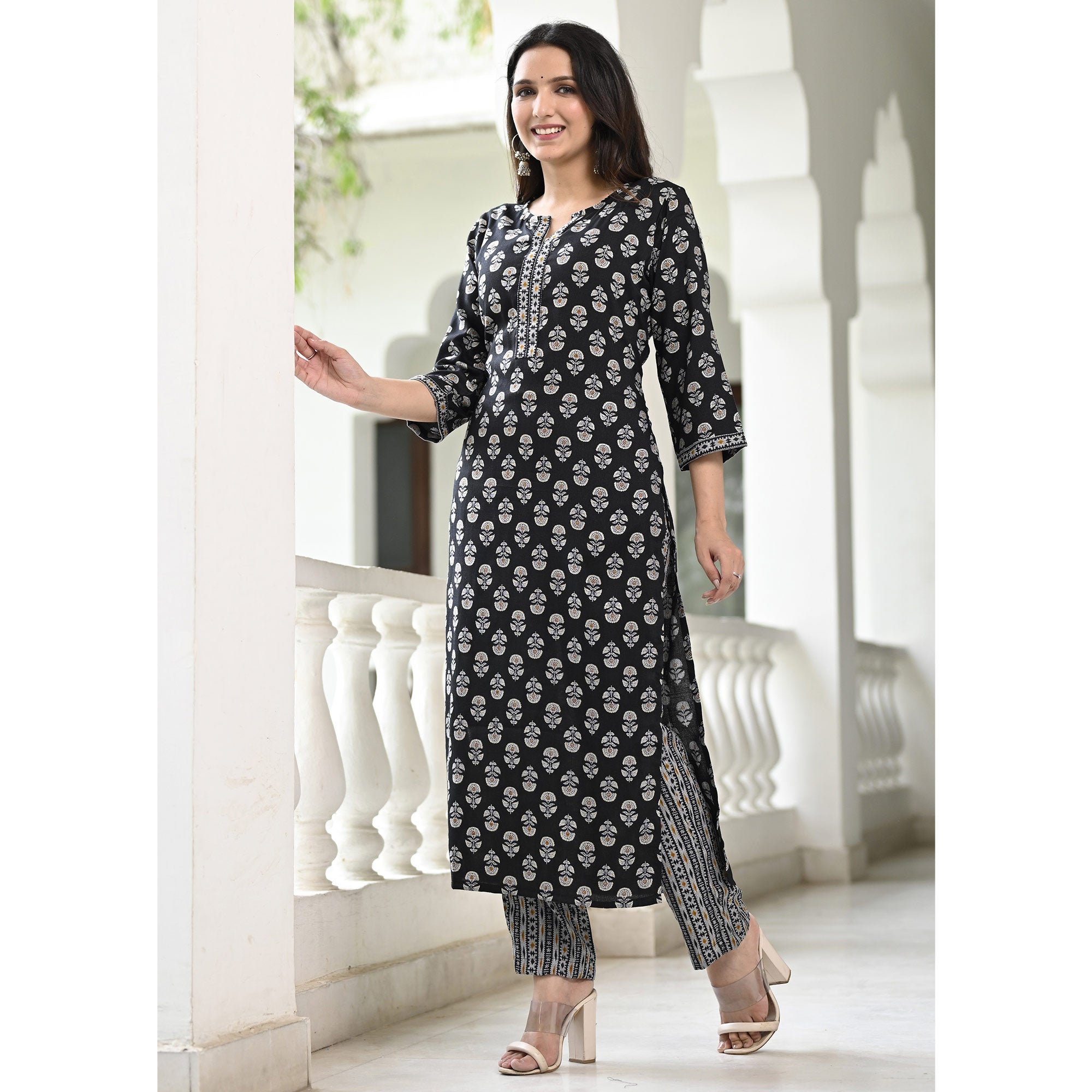 Black Floral Printed Rayon Kurti Pant Set