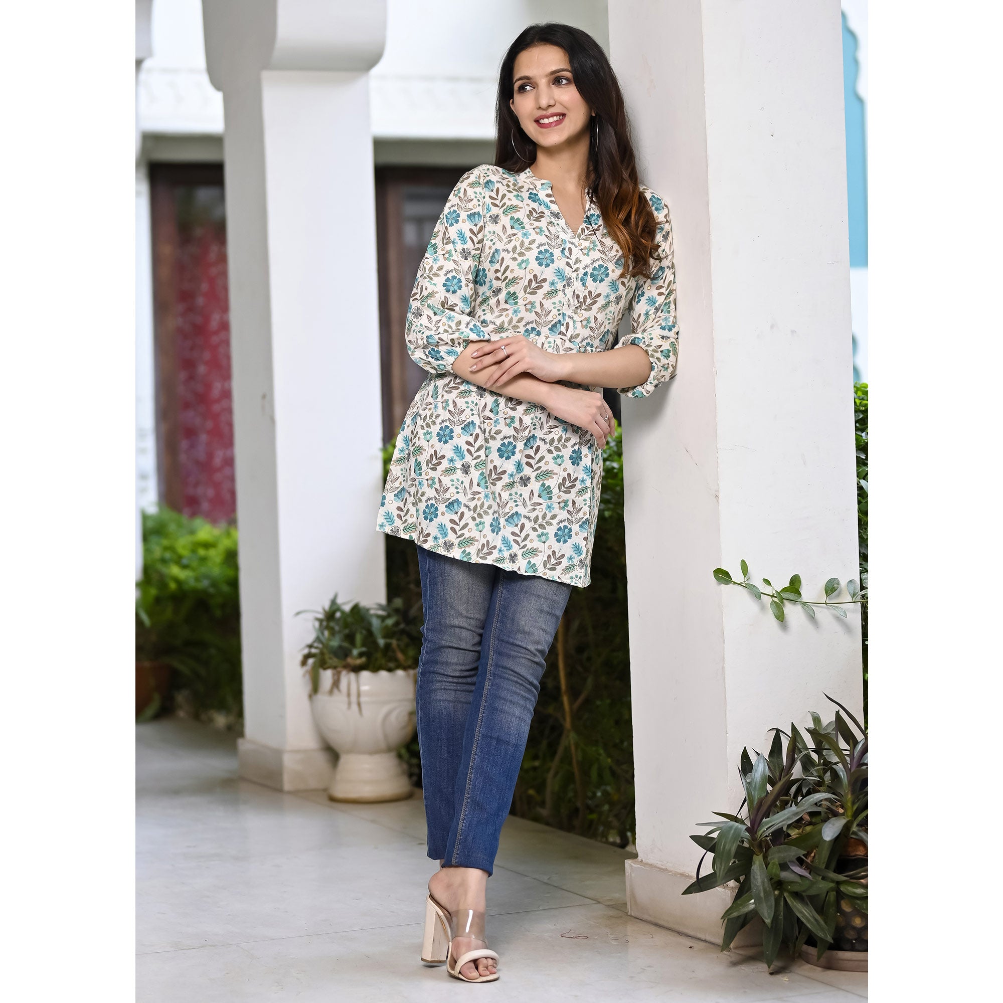 Aqua Blue Floral Printed Rayon Top