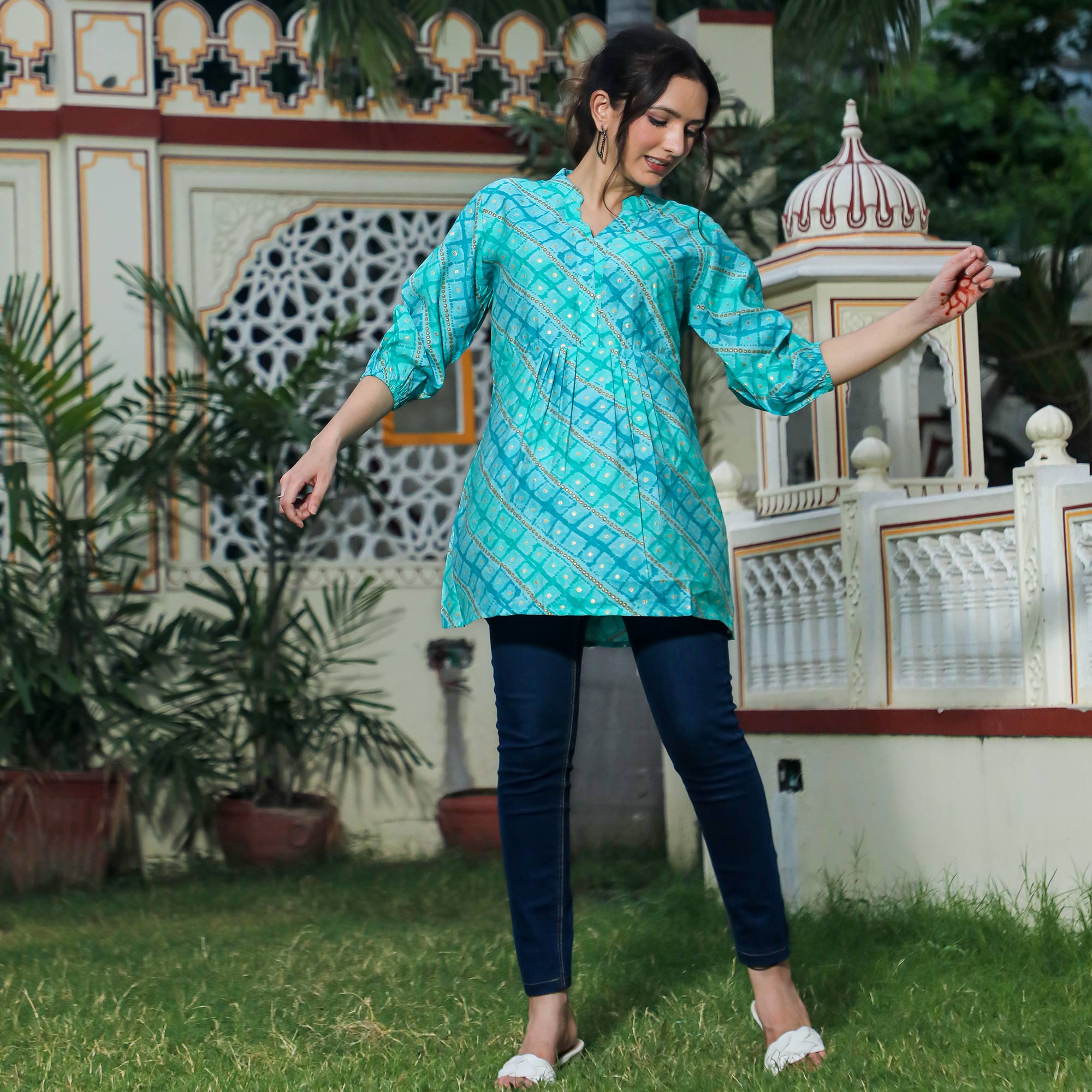 Blue Foil Printed Modal Top