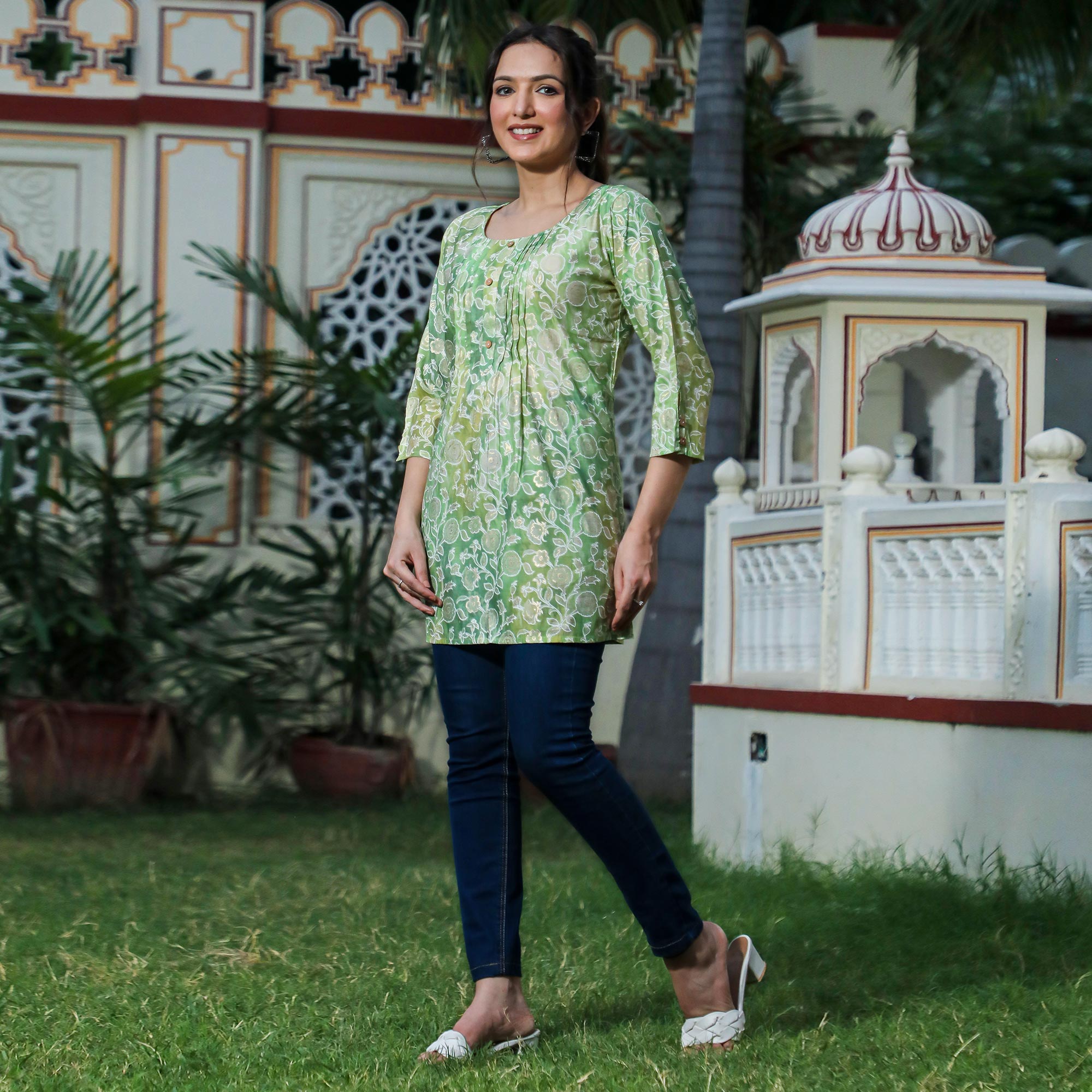 Green Floral Foil Printed Modal Top