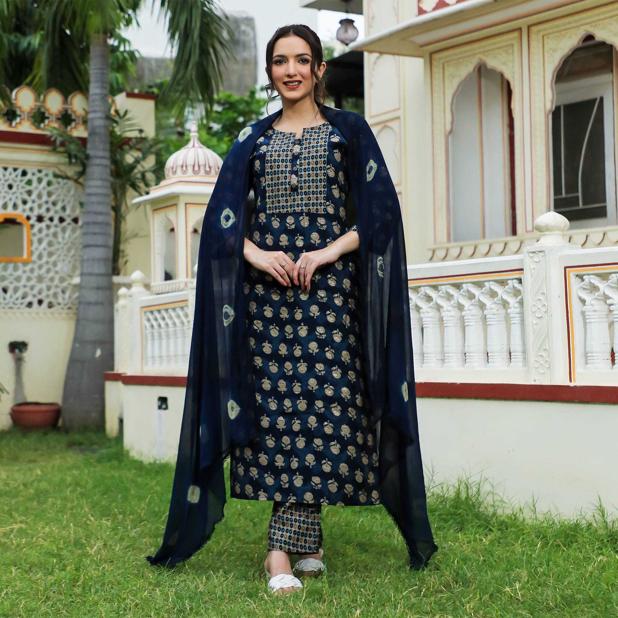 Blue Floral Foil Printed Modal Suit
