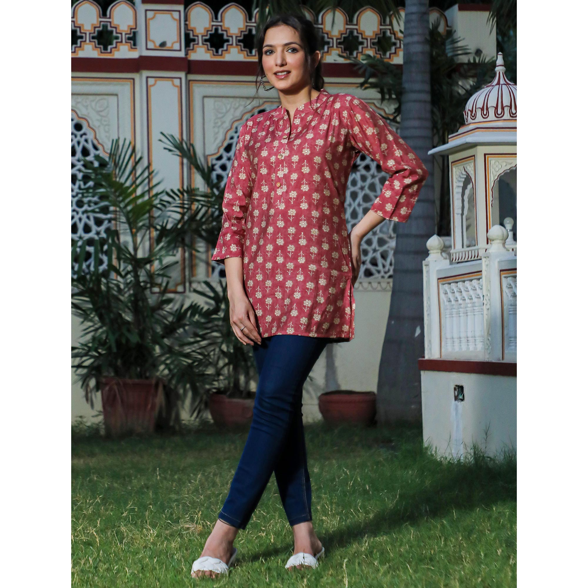 Pink Floral Foil Printed Chanderi Top
