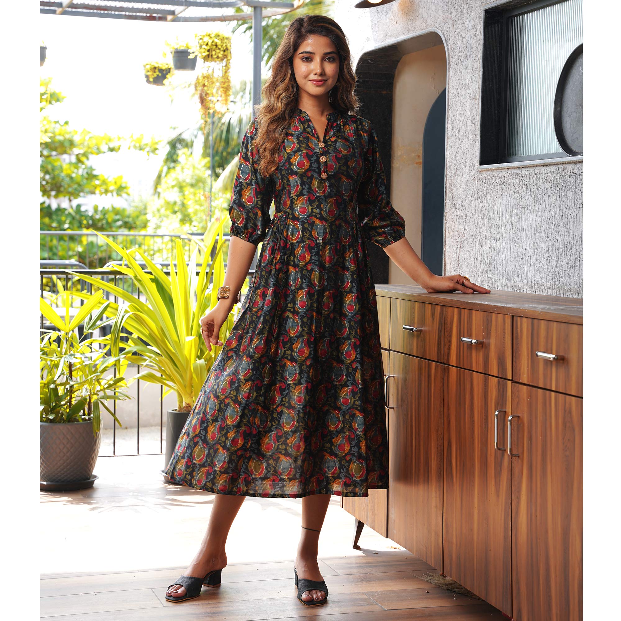 Black Paisley Printed Chanderi A-Line Dress