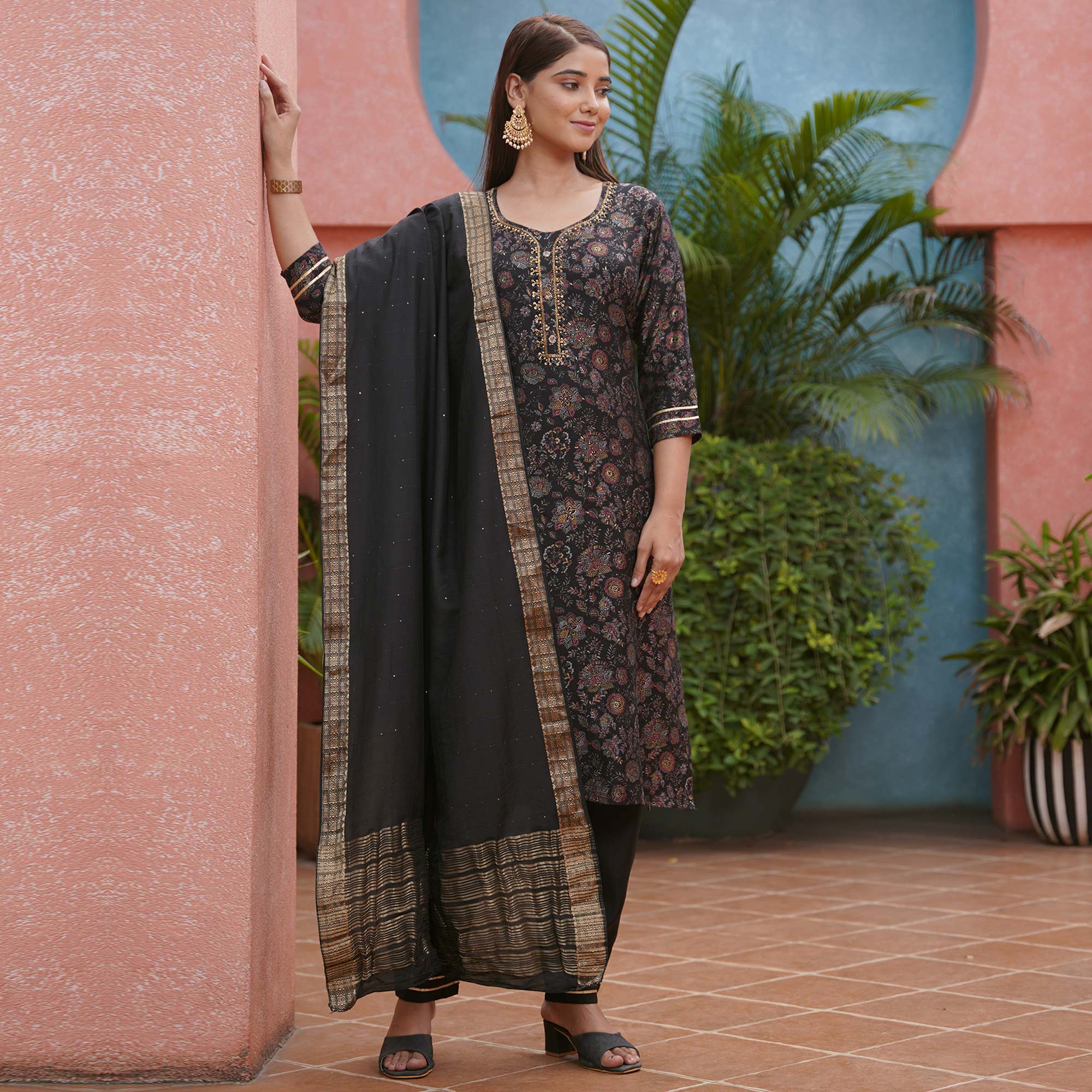 Black Straight Chanderi Silk Suit With Handcrafted & Foil Print