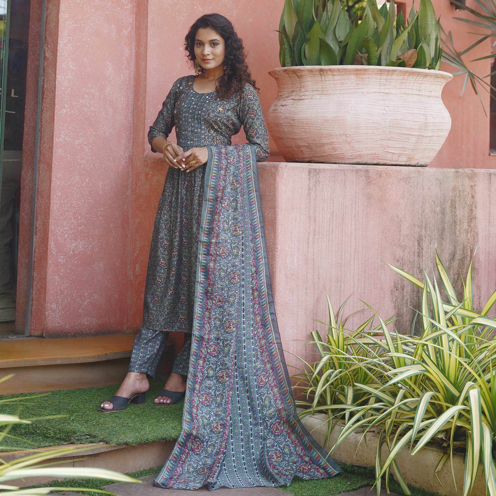 Grey Naira Cut Chanderi Silk Suit With Handcrafted