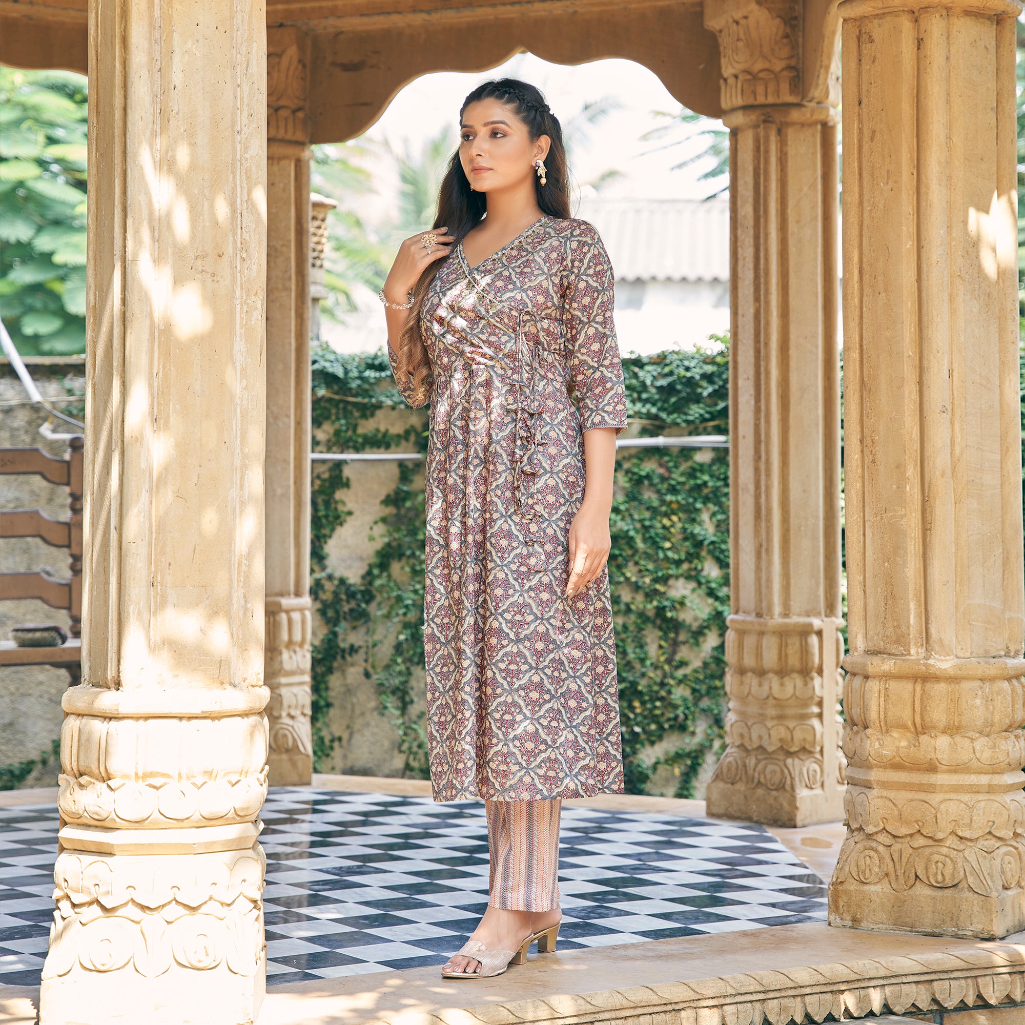Grey Angrakha Pure Cotton Suit with Foil Print & Zardozi Handcrafted Neckline