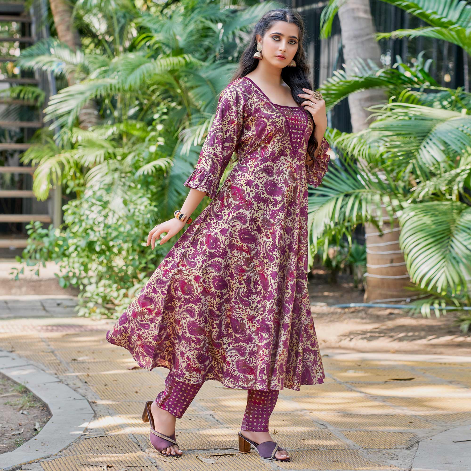 Wine Anarkali Chanderi Silk Suit With Hancrafted & Foil Print