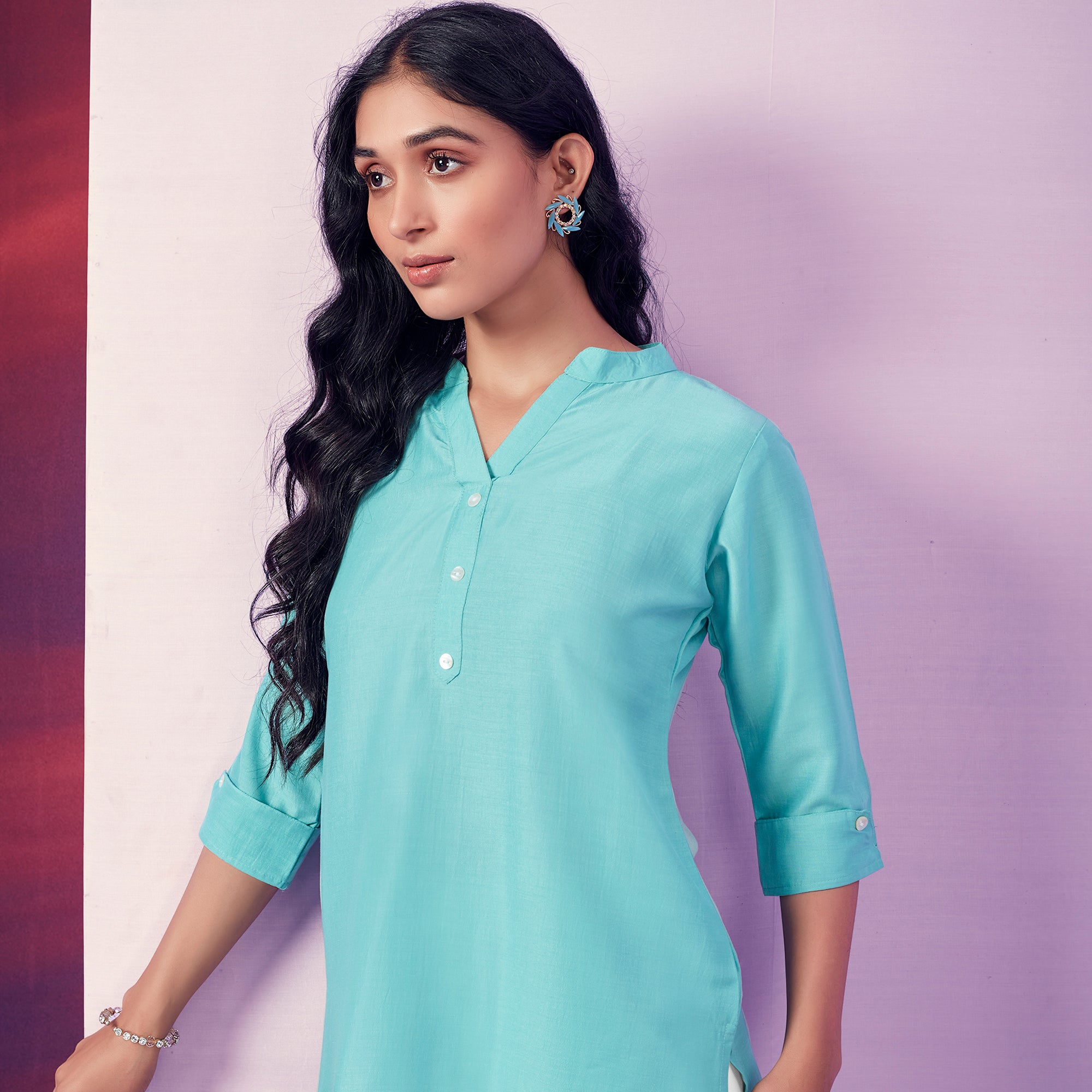 Blue Solid Cotton Blend Top