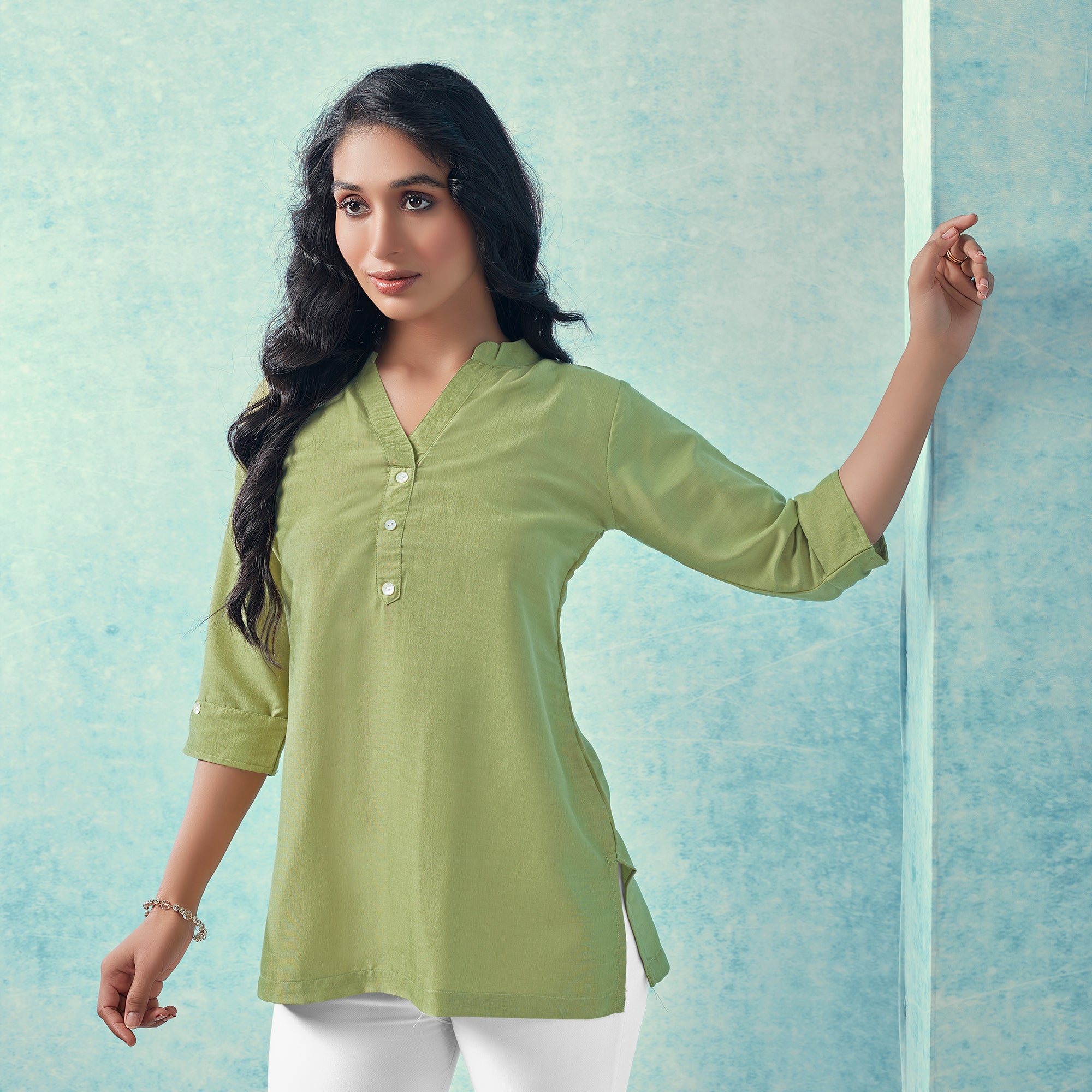 Green Solid Cotton Blend Top