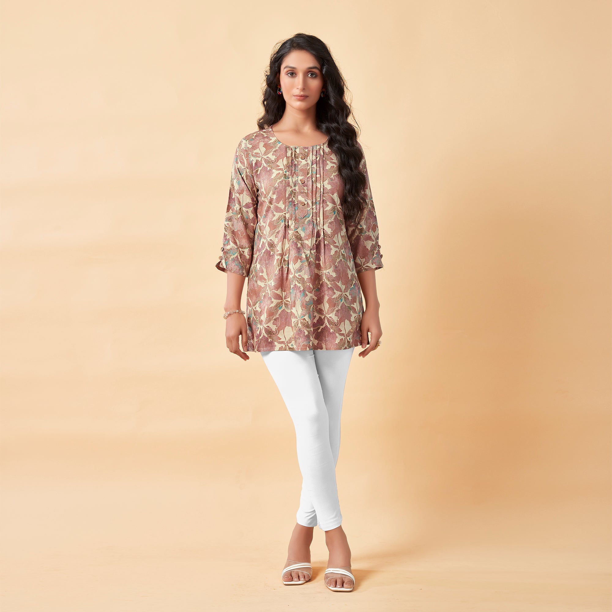 Brown Floral Foil Printed Rayon Top