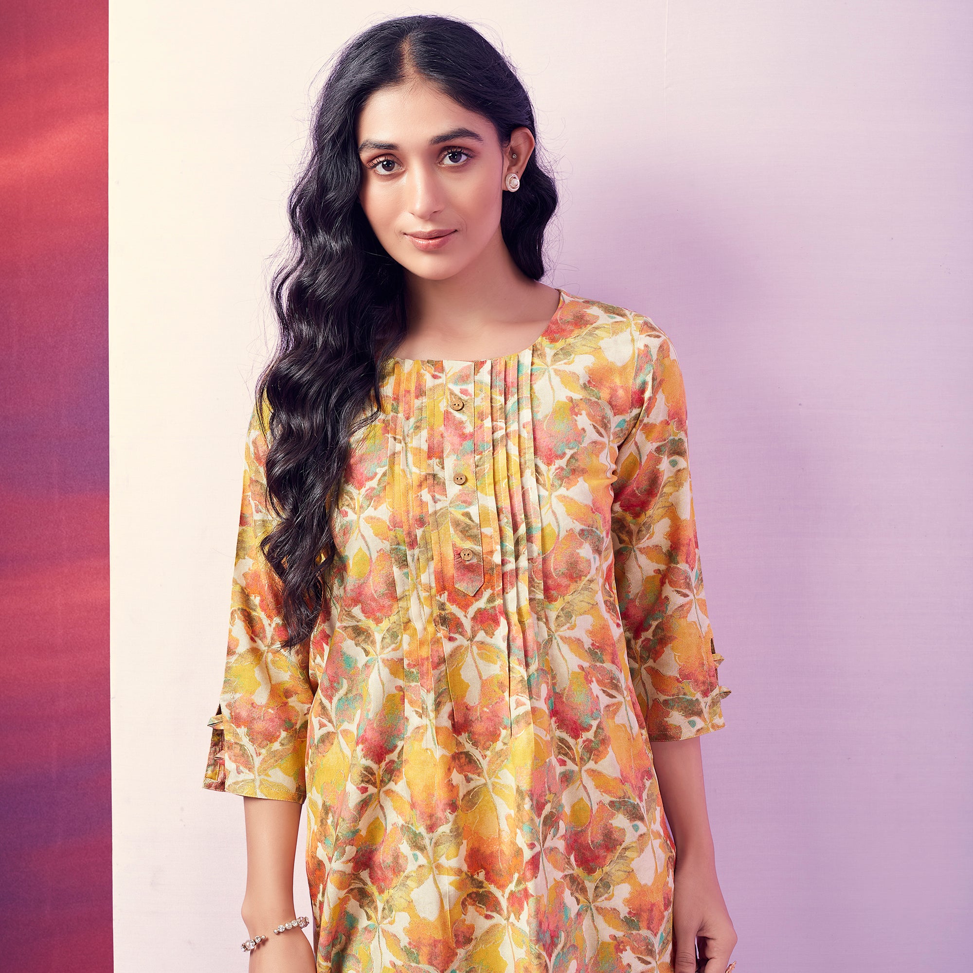 Yellow Floral Foil Printed Rayon Top