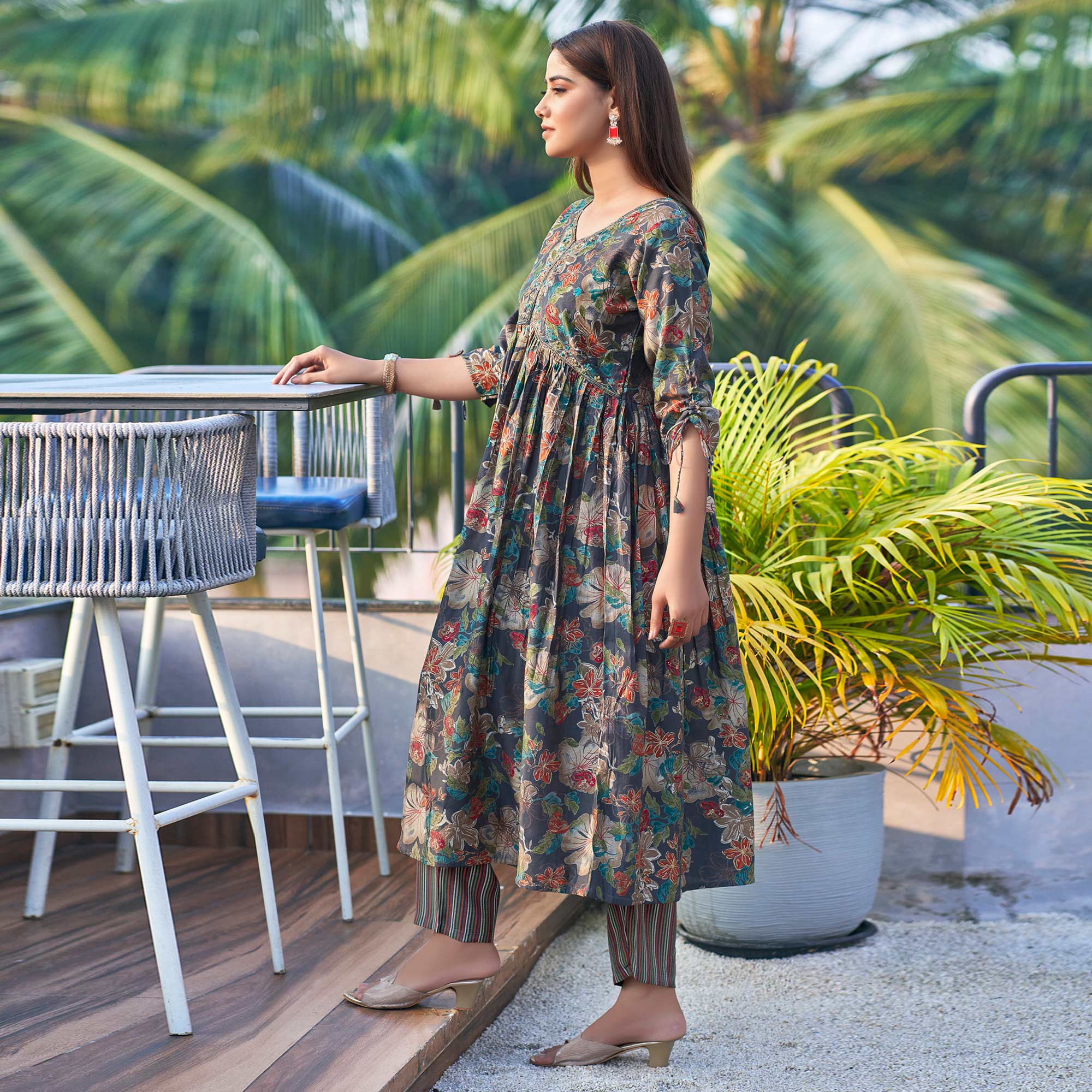 Blue Chanderi Silk Alia Cut Suit with Zardosi Handcraft & Foil Print