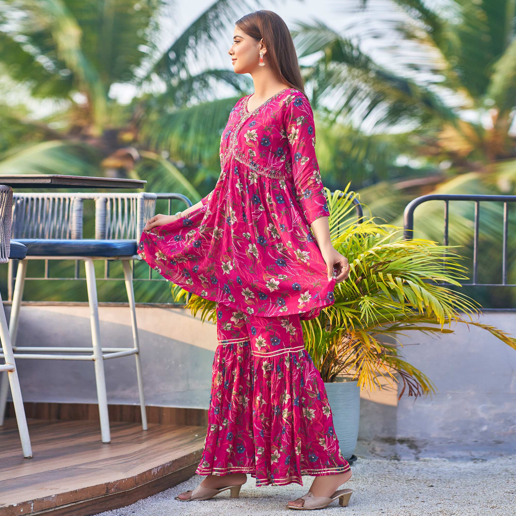 Pink Chinon Floral Printed Alia Cut Sharara Suit With Beads Handcraft