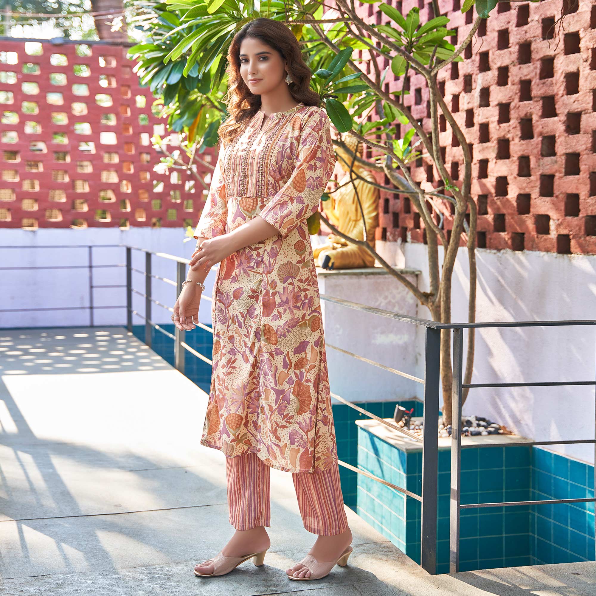 Beige Chanderi Floral Printed Anarkali Salwar Suit With Beads Handcraft