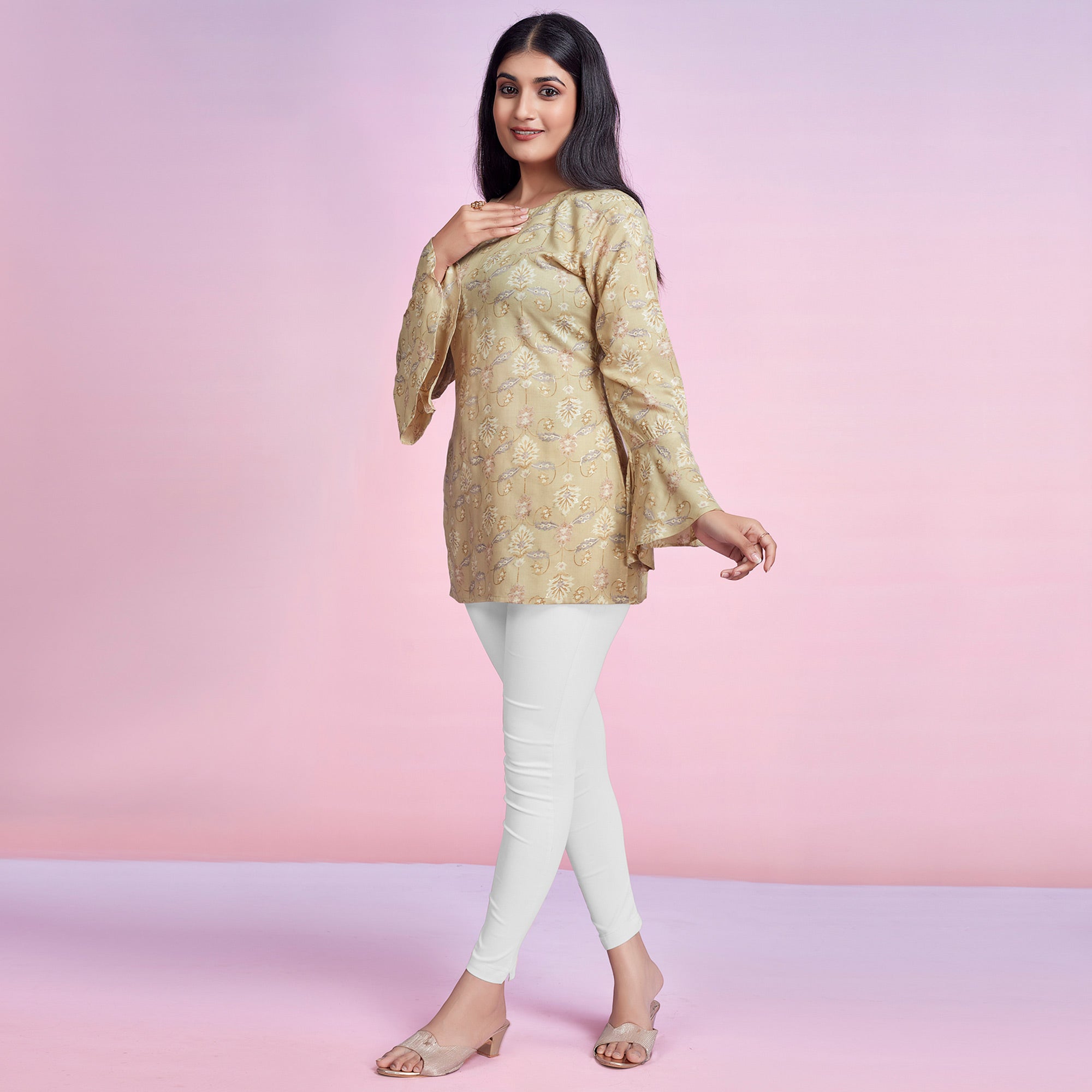 Chikoo Floral Foil Printed Chanderi Silk Top