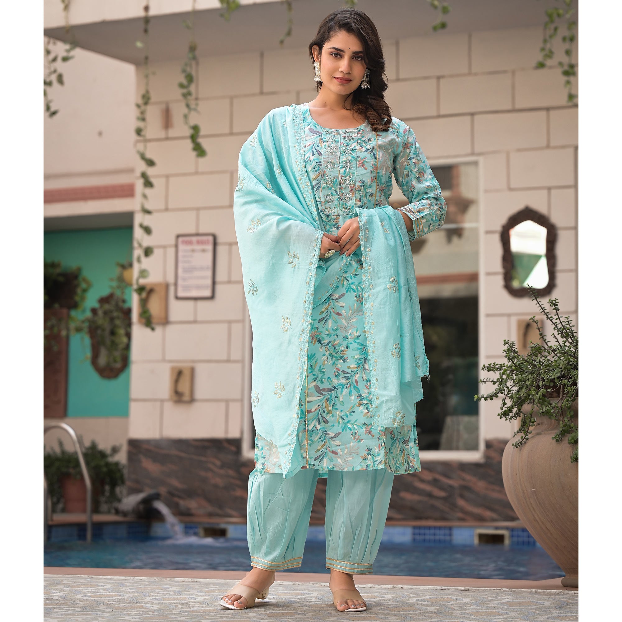 Turquoise Floral Foil Printed Pure Cotton A-Line Salwar Suit