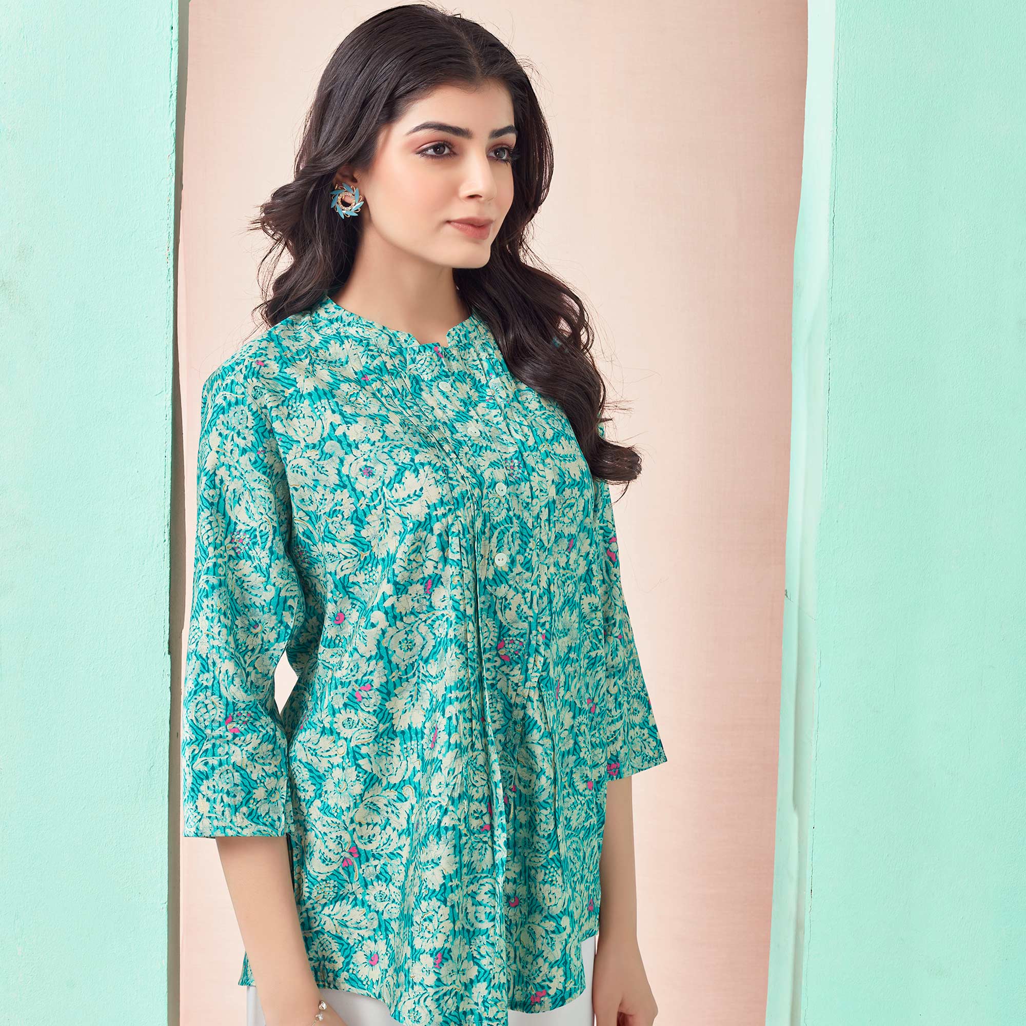 Turquoise Floral Chanderi Silk Straight Top