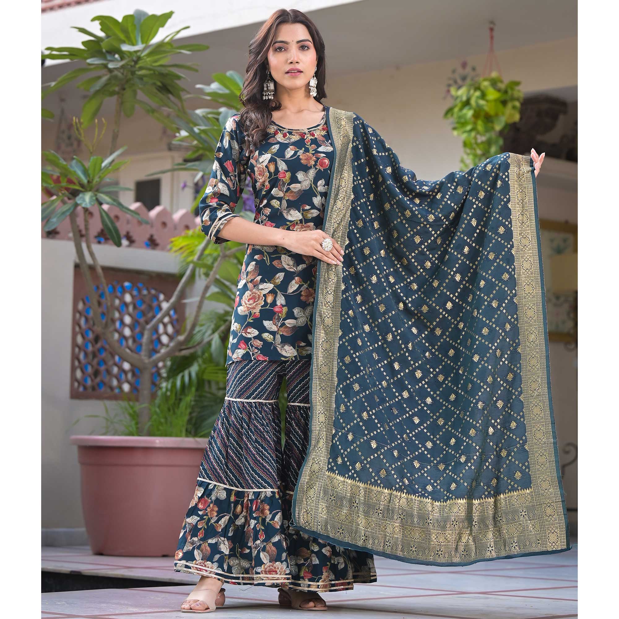 Green Floral Foil Printed Rayon Sharara Suit With Handcrafted