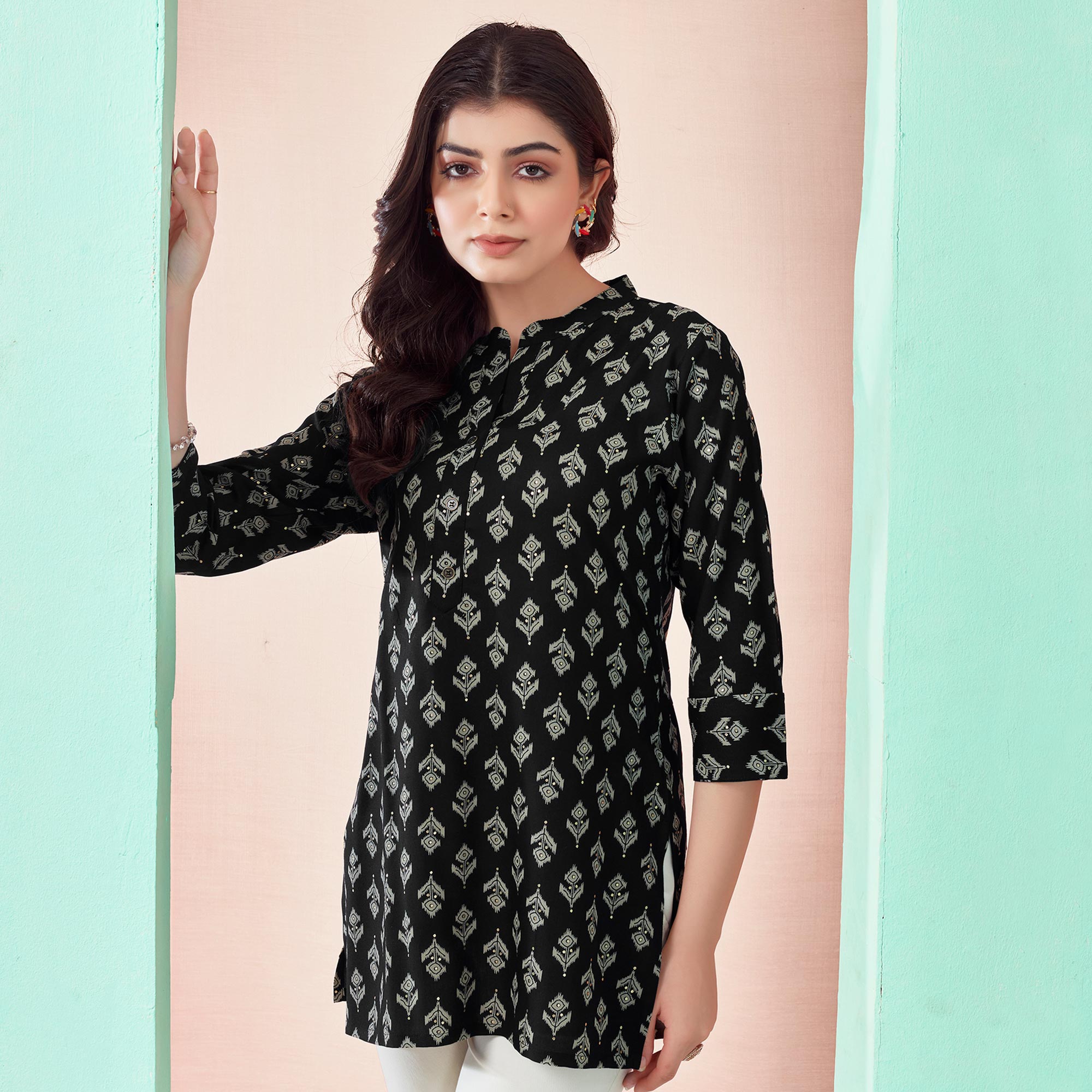 Black Floral Printed Rayon Straight Top