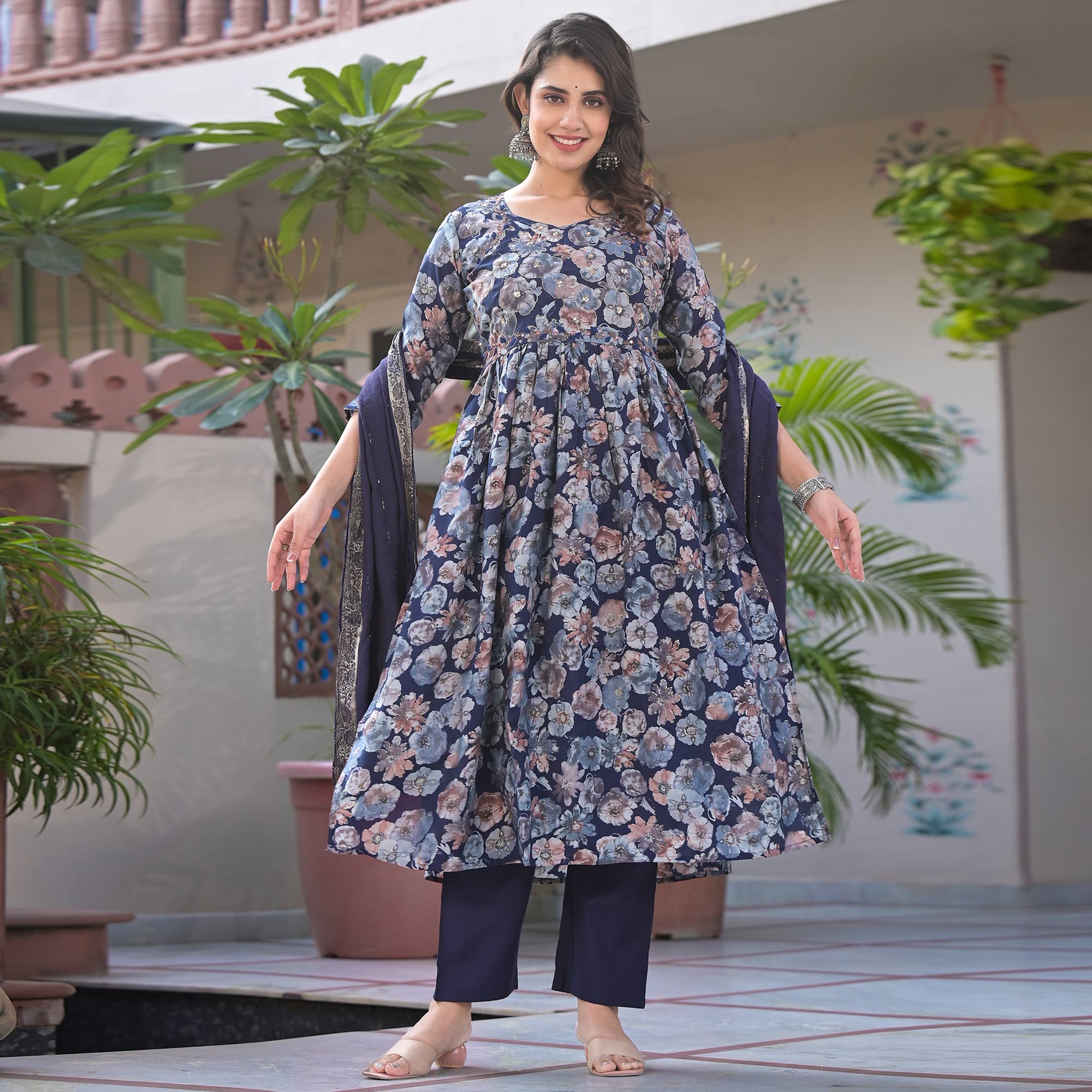 Navy Blue Floral Printed Chanderi Silk Salwar Suit With Handcrafted