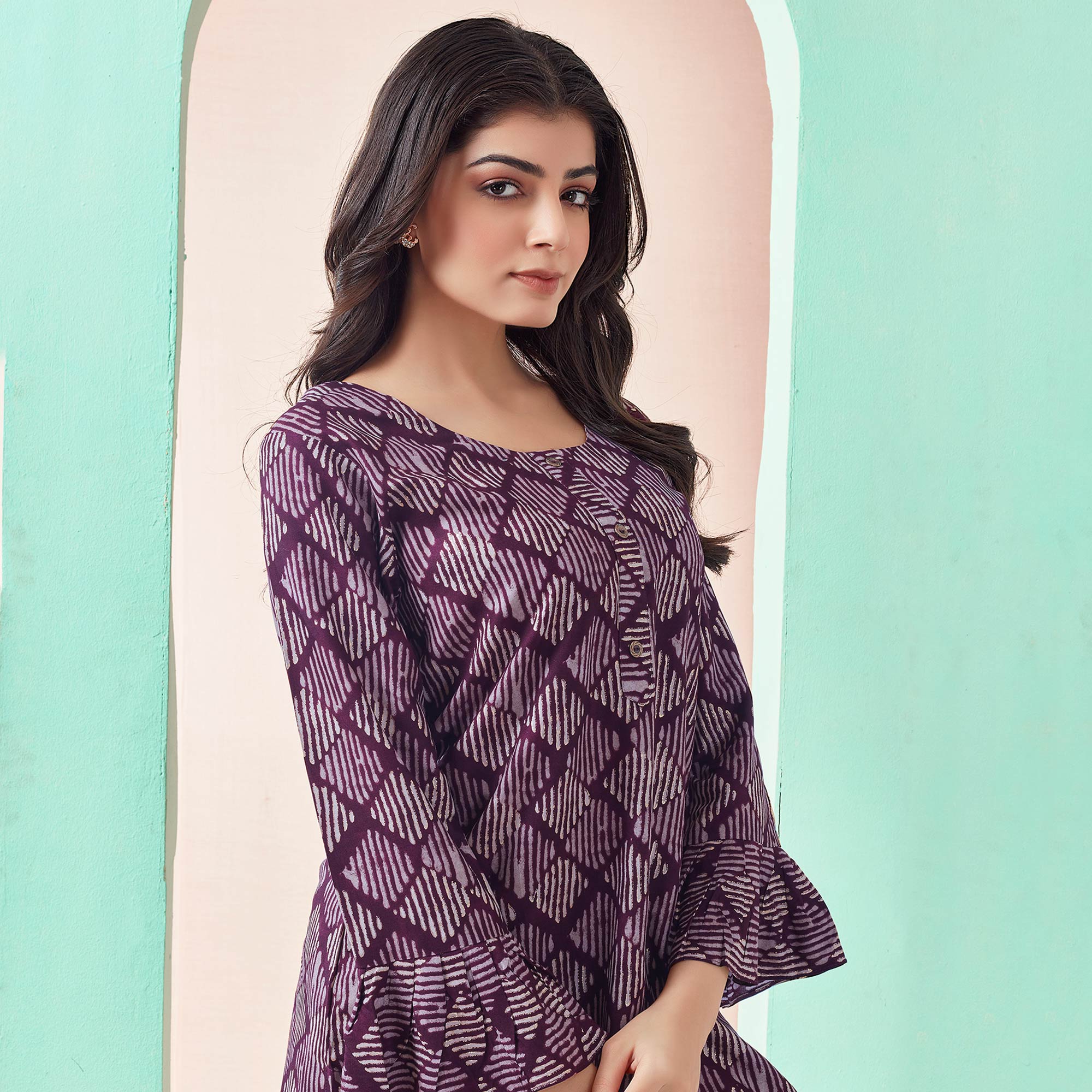 Purple Printed Chanderi Silk Straight Top