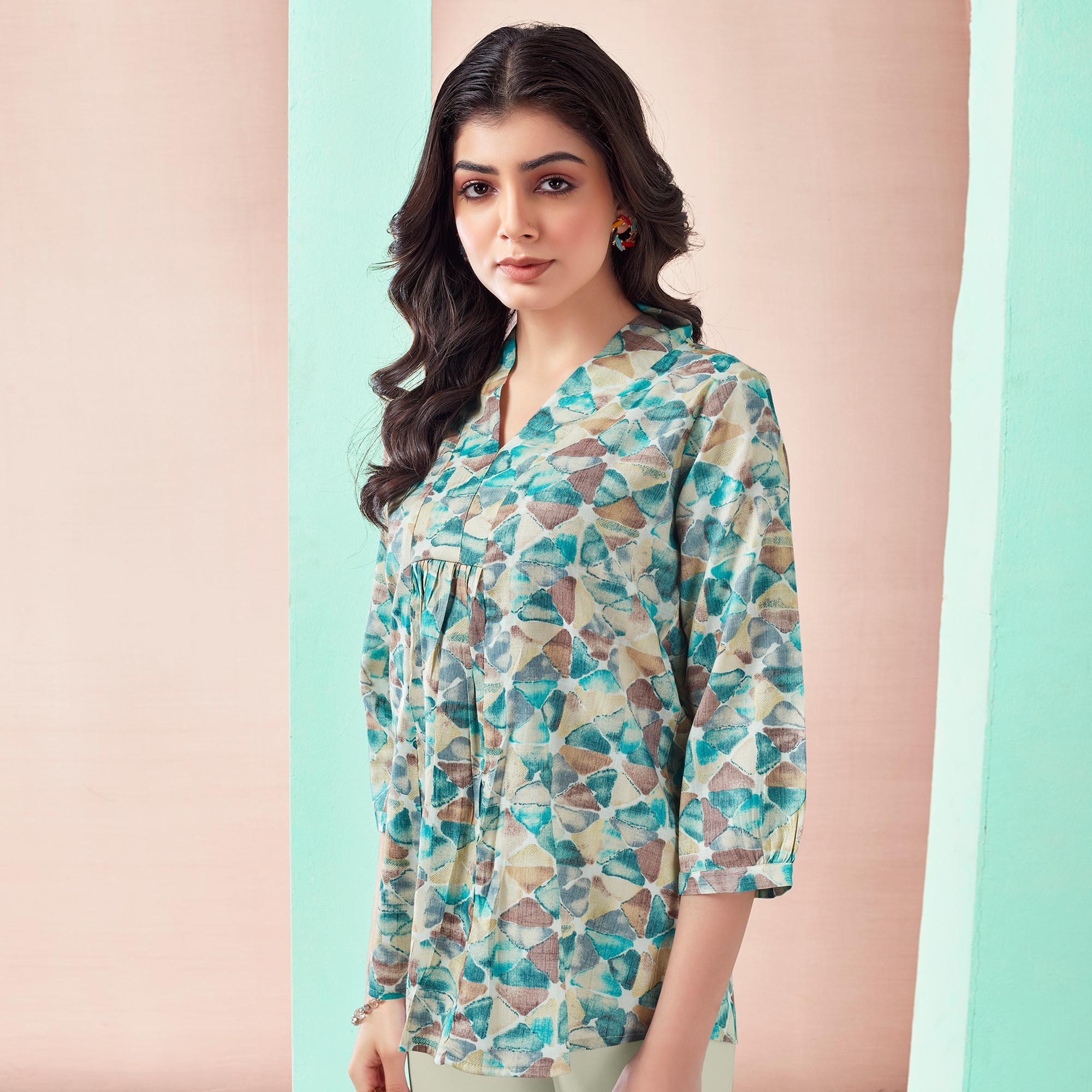 Turquoise Foil Printed Rayon A-Line Top