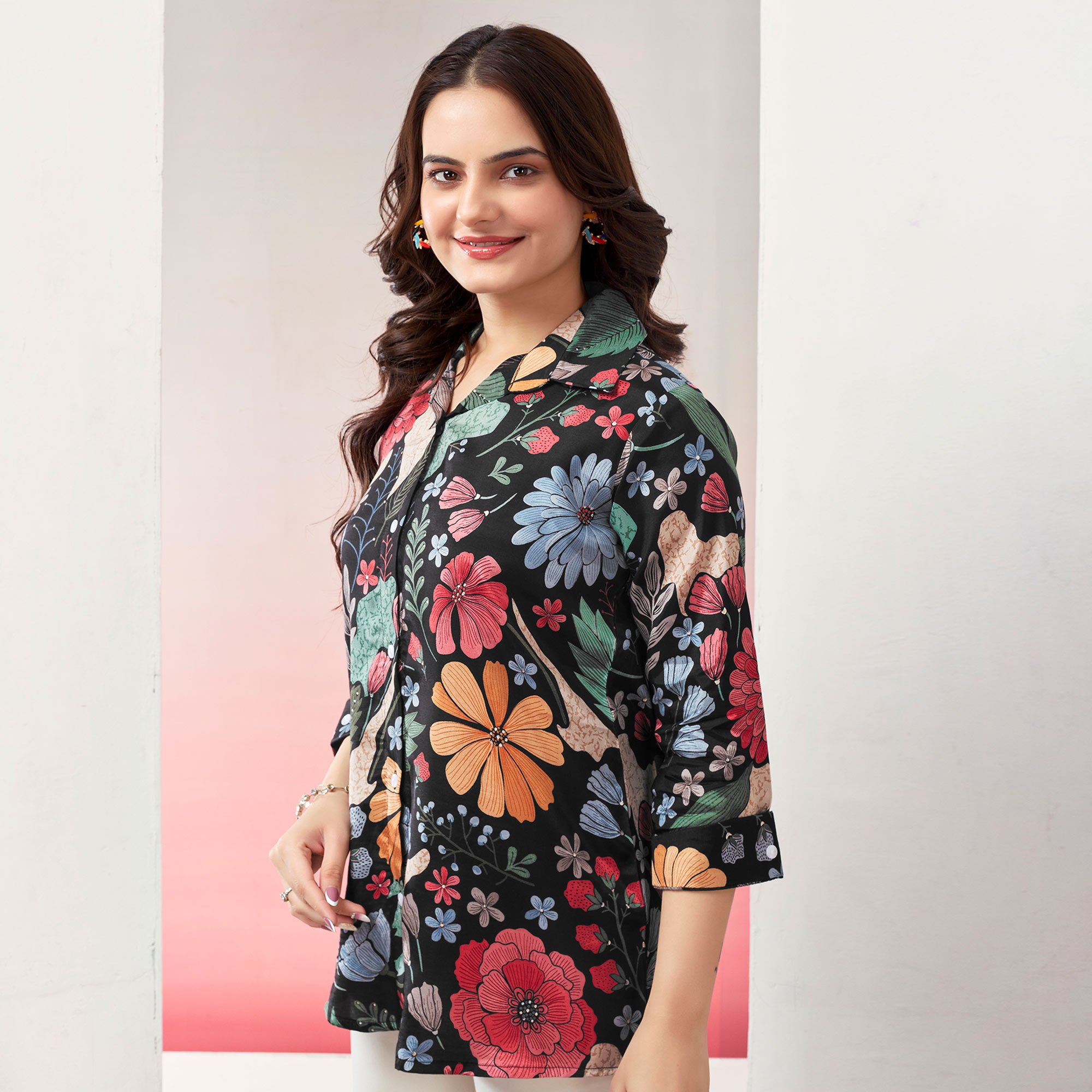 Black Floral Printed Muslin Top