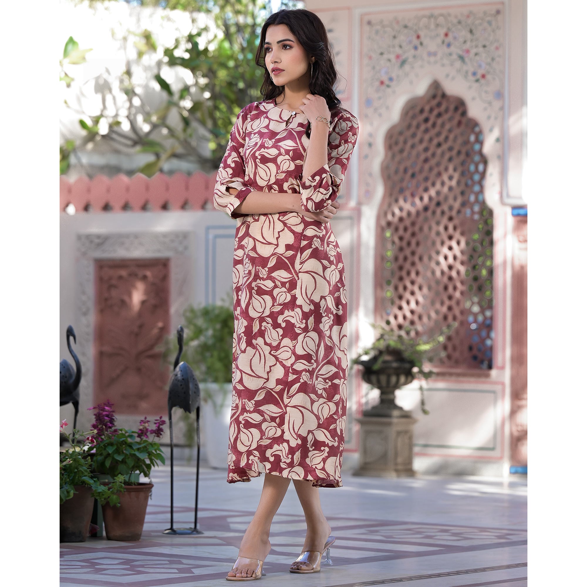 Maroon Floral Printed Chanderi Silk Dress