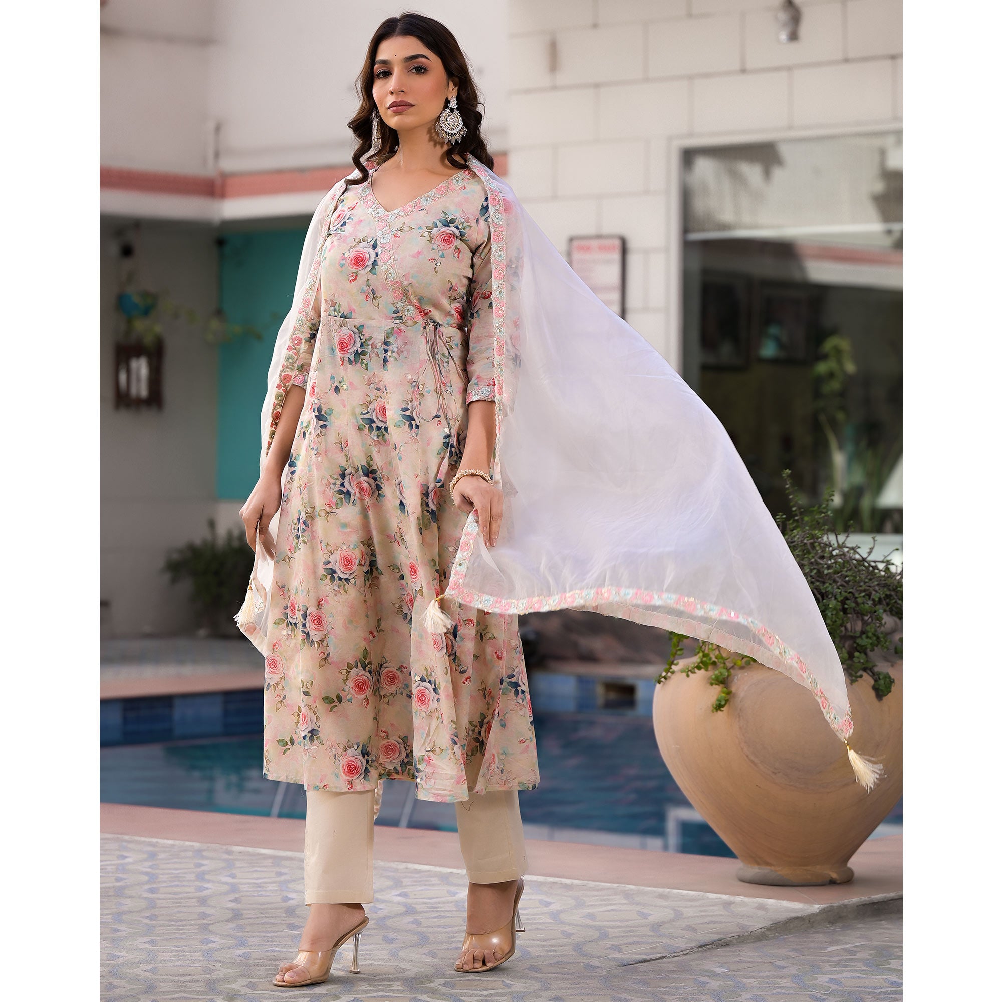 Cream Floral Printed Mulmul Cotton Anarkali Salwar Suit