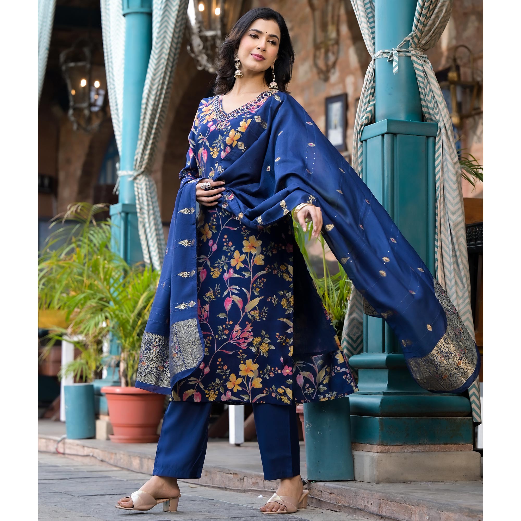 Navy Blue Floral Printed Chanderi Silk Salwar Suit With Mirror Work