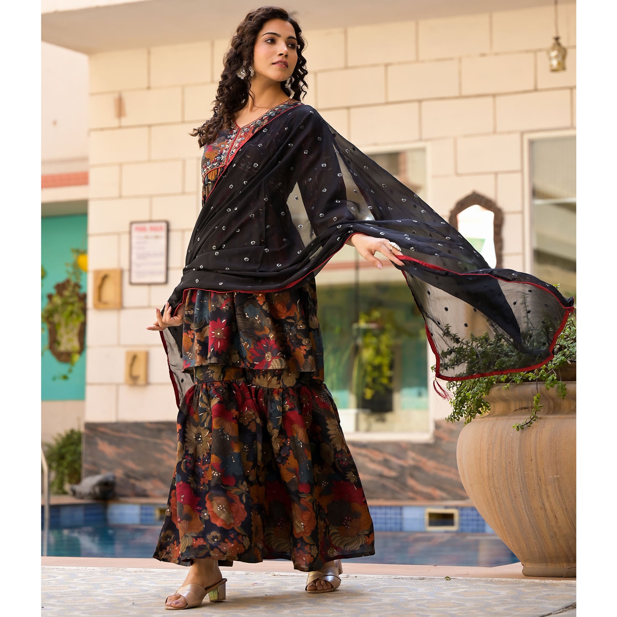 Black Floral Foil Printed Chanderi Silk Sharara Suit