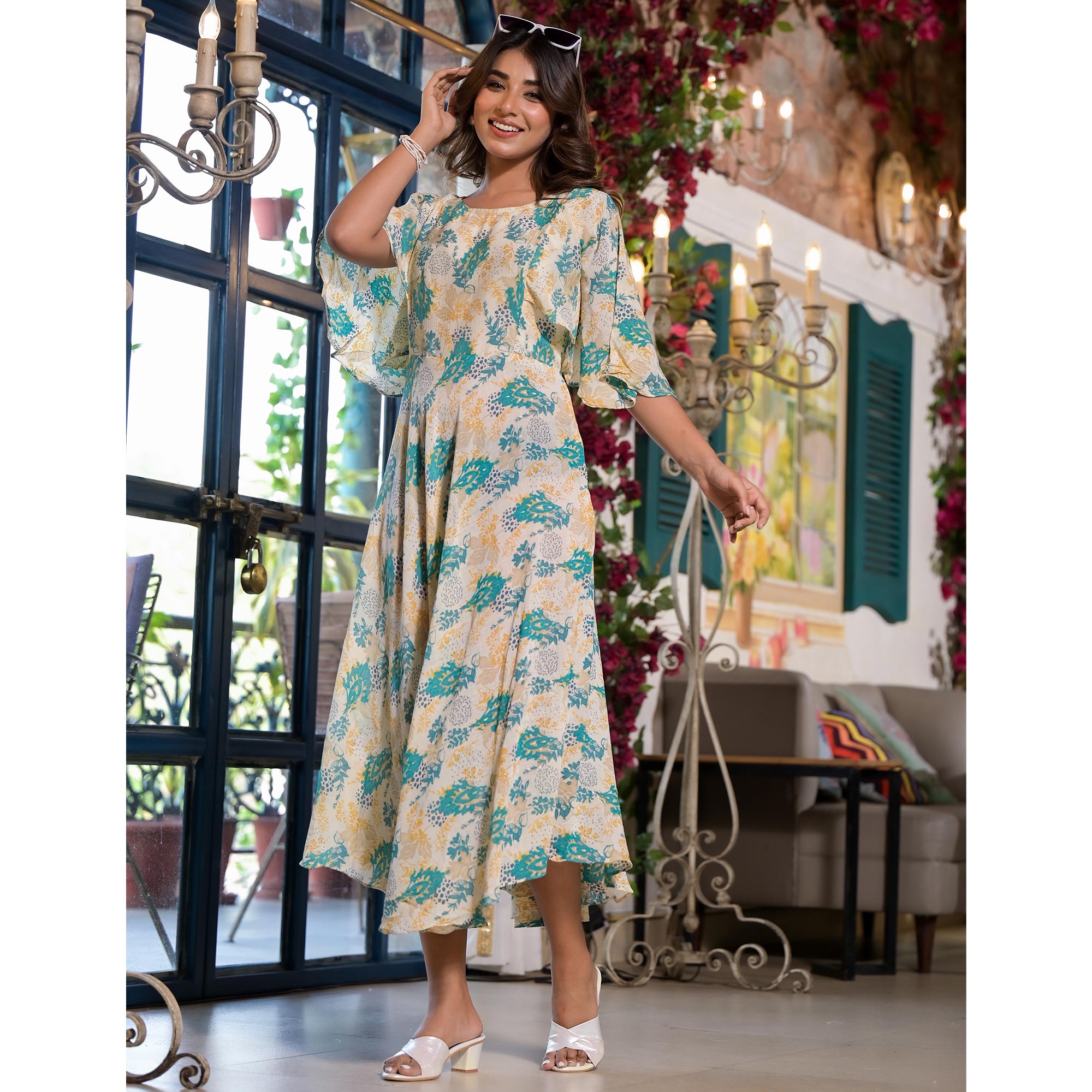 Off White Floral Printed A-Line Chiffon Dress