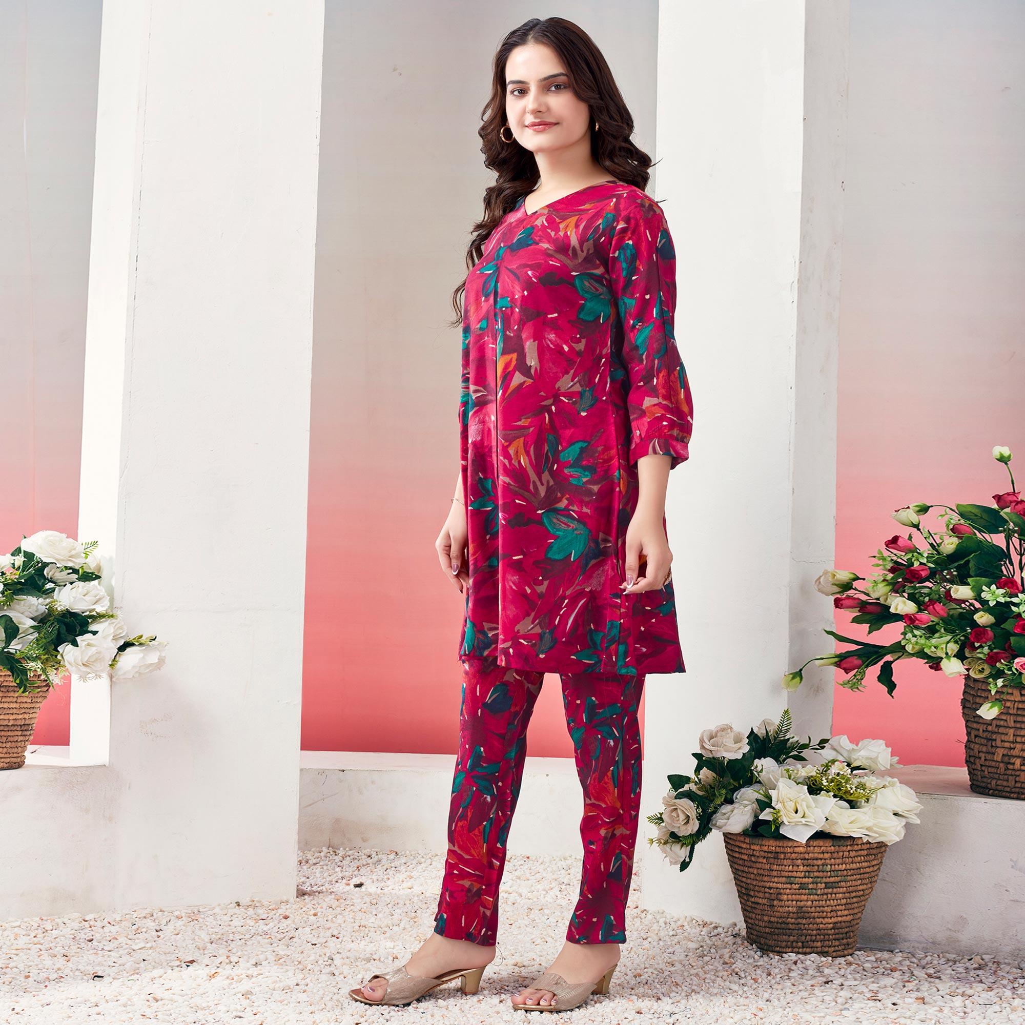 Pink Floral Printed Chanderi Silk Co Ord Set