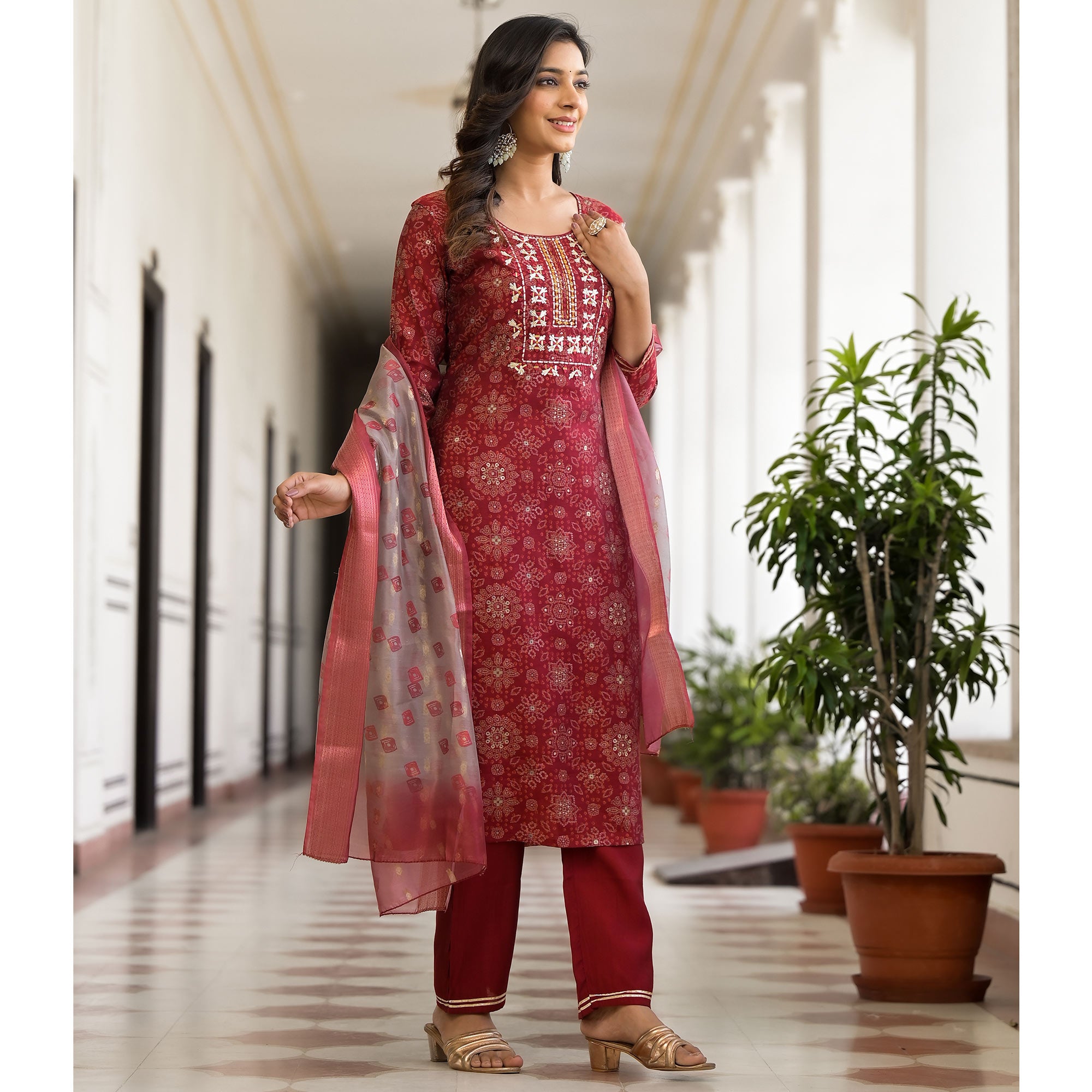Red Bandhani Printed Chanderi Silk Straight Salwar Suit