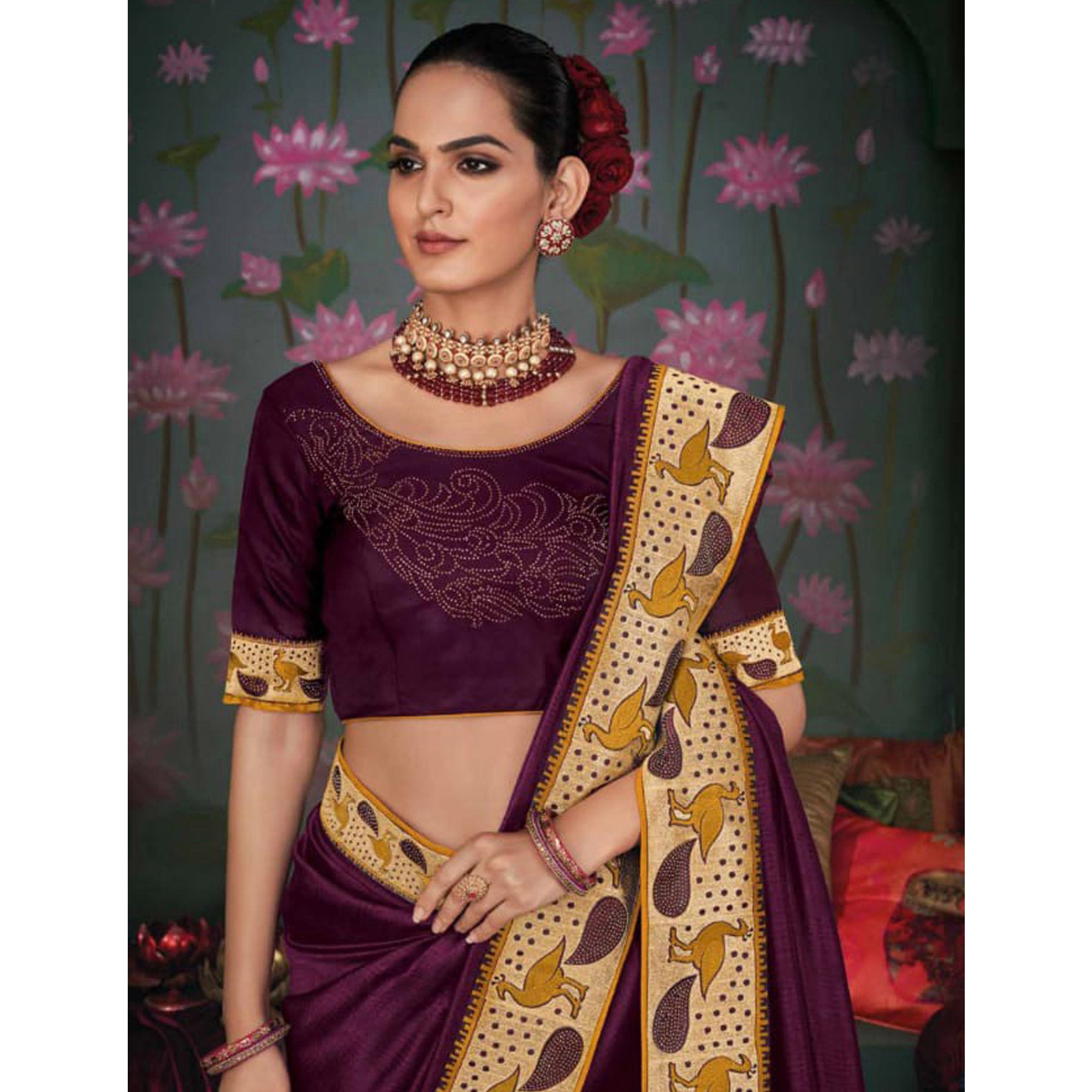 Wine Solid With Embroidered Border Modal Saree