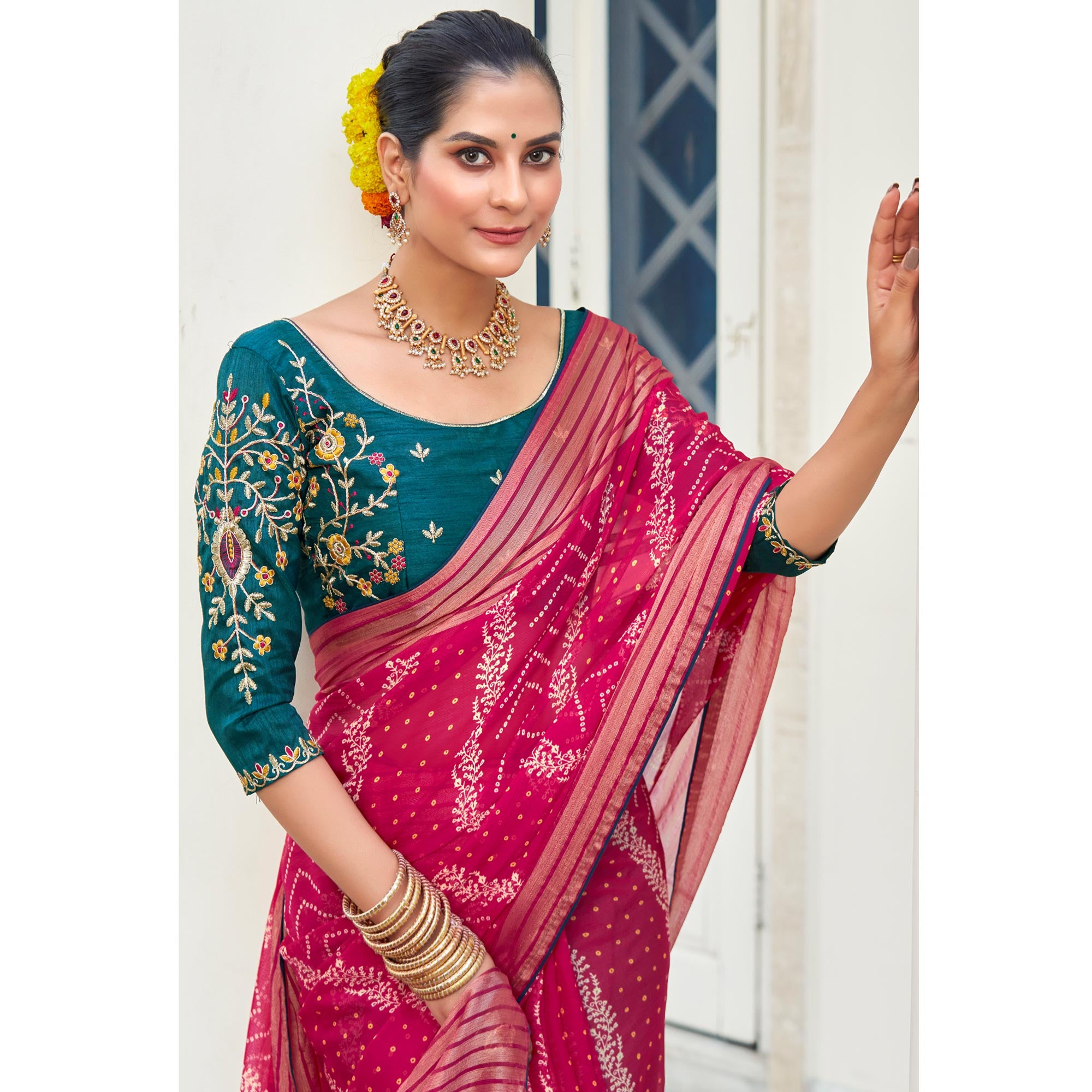 Pink Bandhani Printed Chiffon Saree With Tassels
