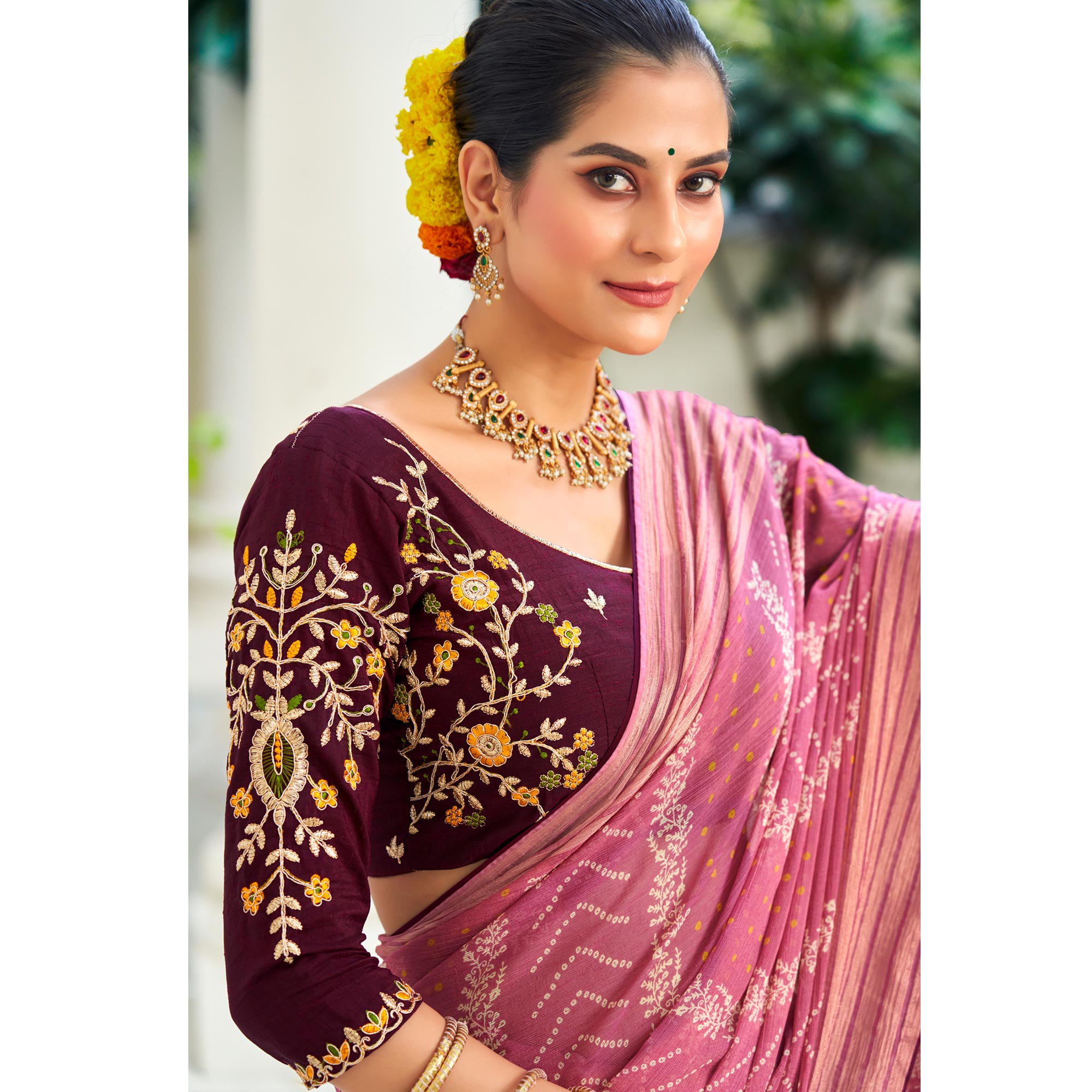 Onion Pink Bandhani Printed Chiffon Saree With Tassels