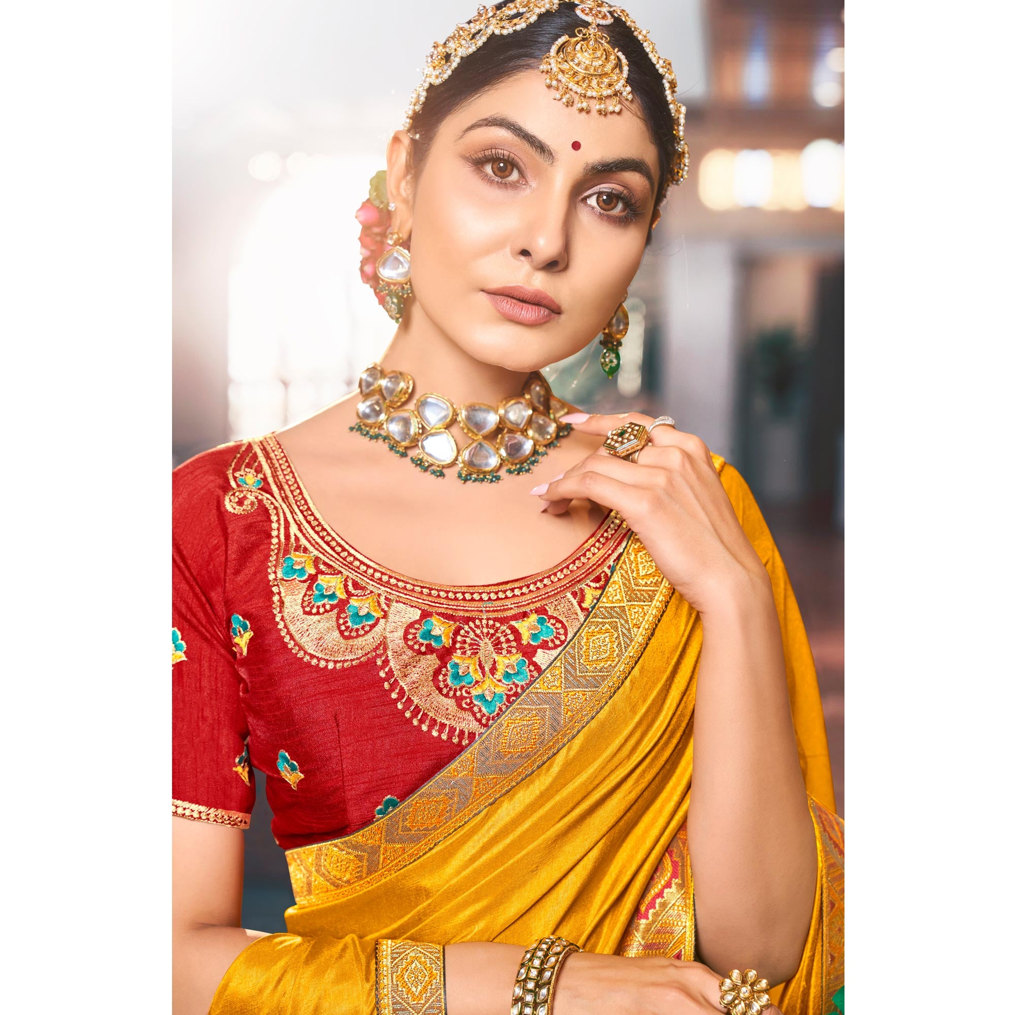 Yellow Solid Vichitra Silk With Zari Lace Border