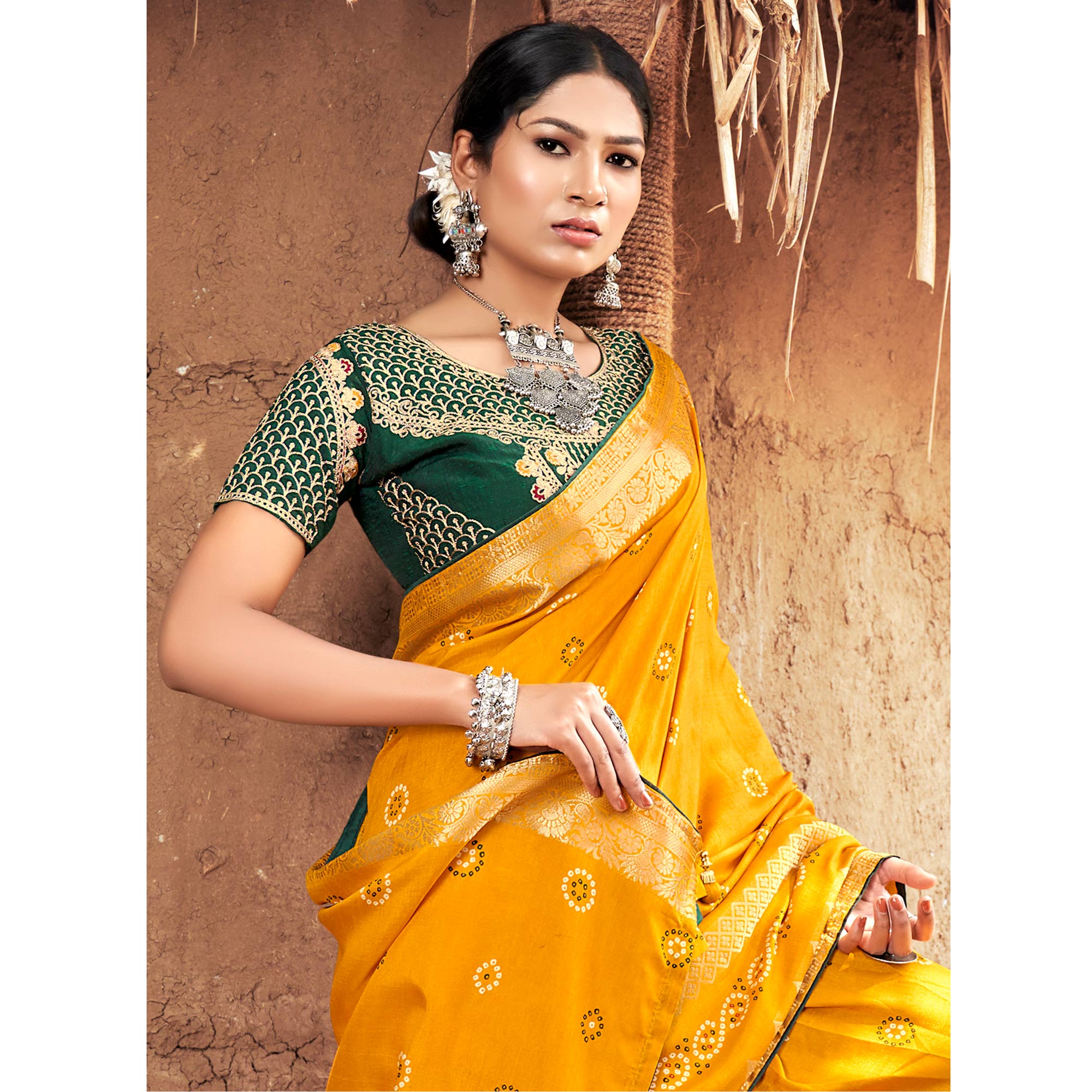Yellow Bandhani Printed Pure Silk Saree