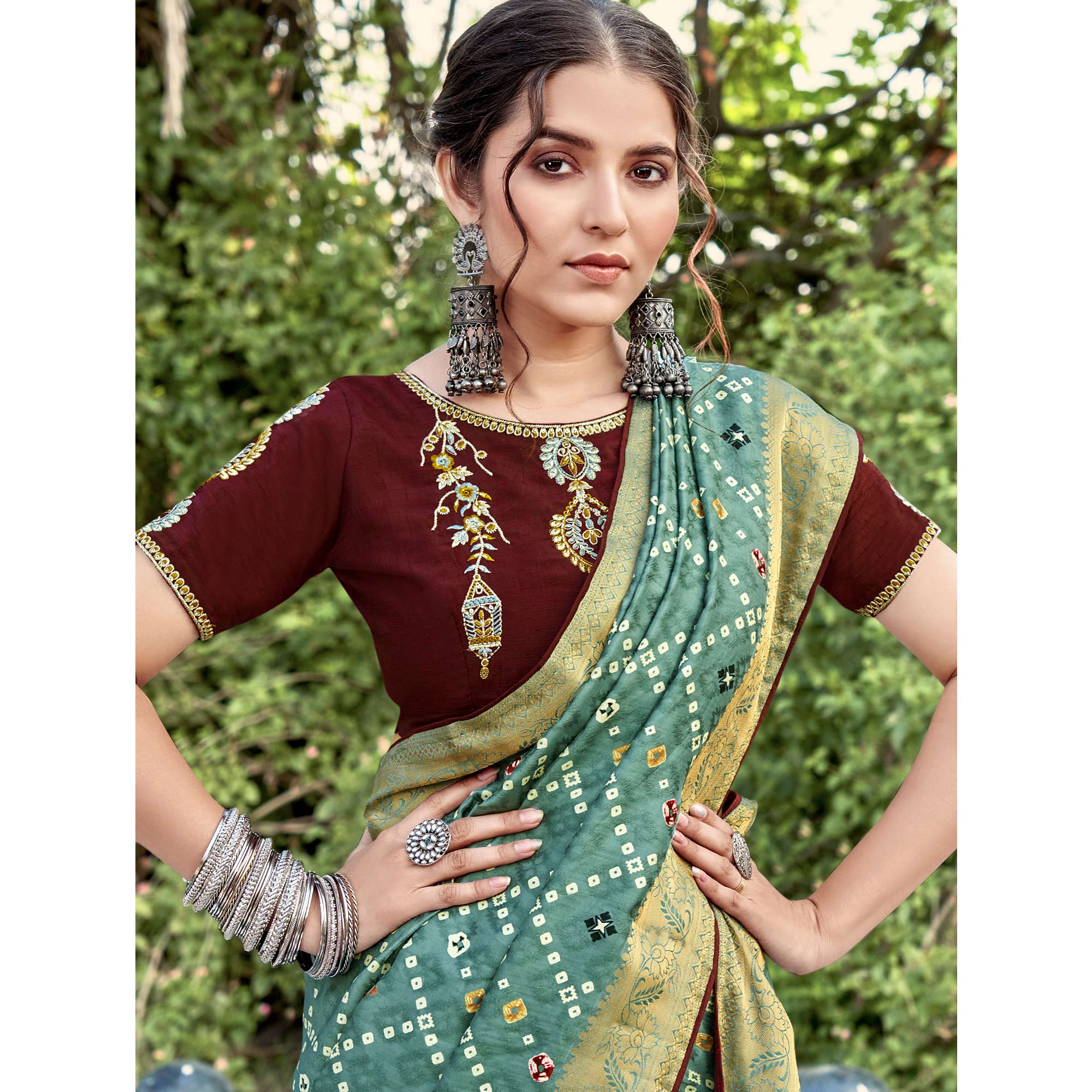 Green Bandhani Printed Dola Silk Saree