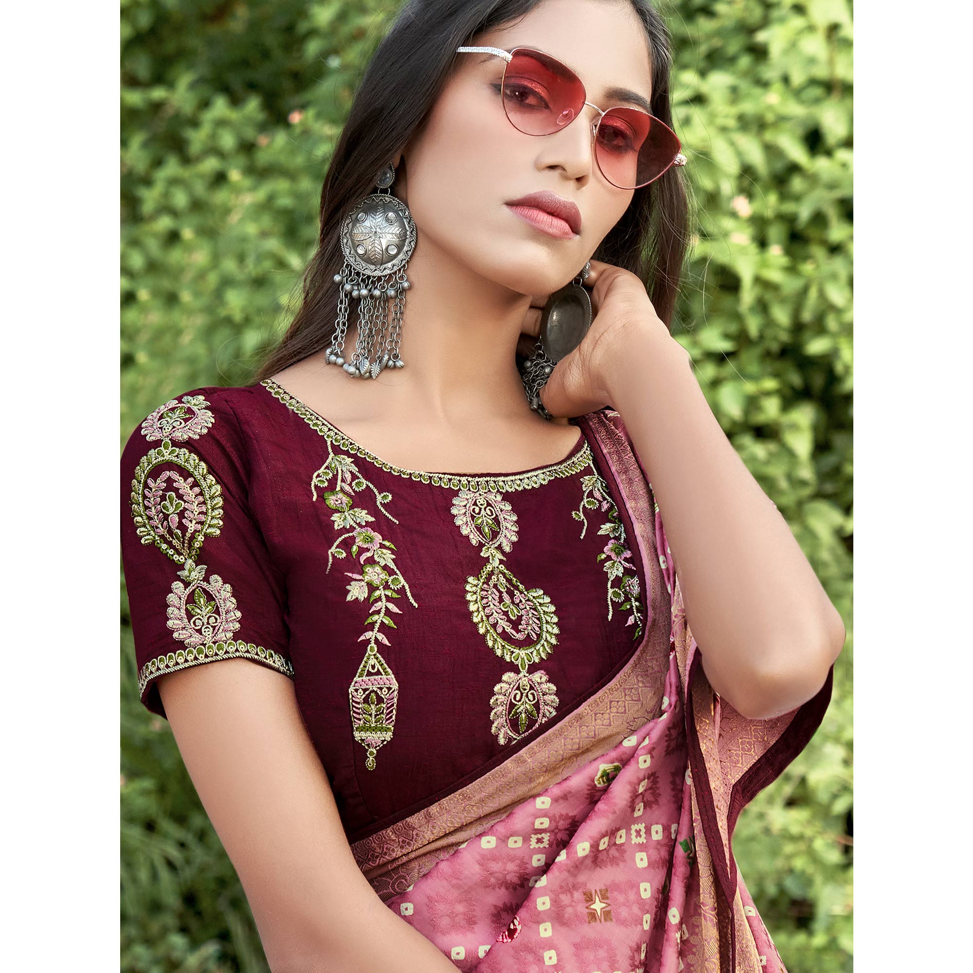 Pink Bandhani Printed Dola Silk Saree