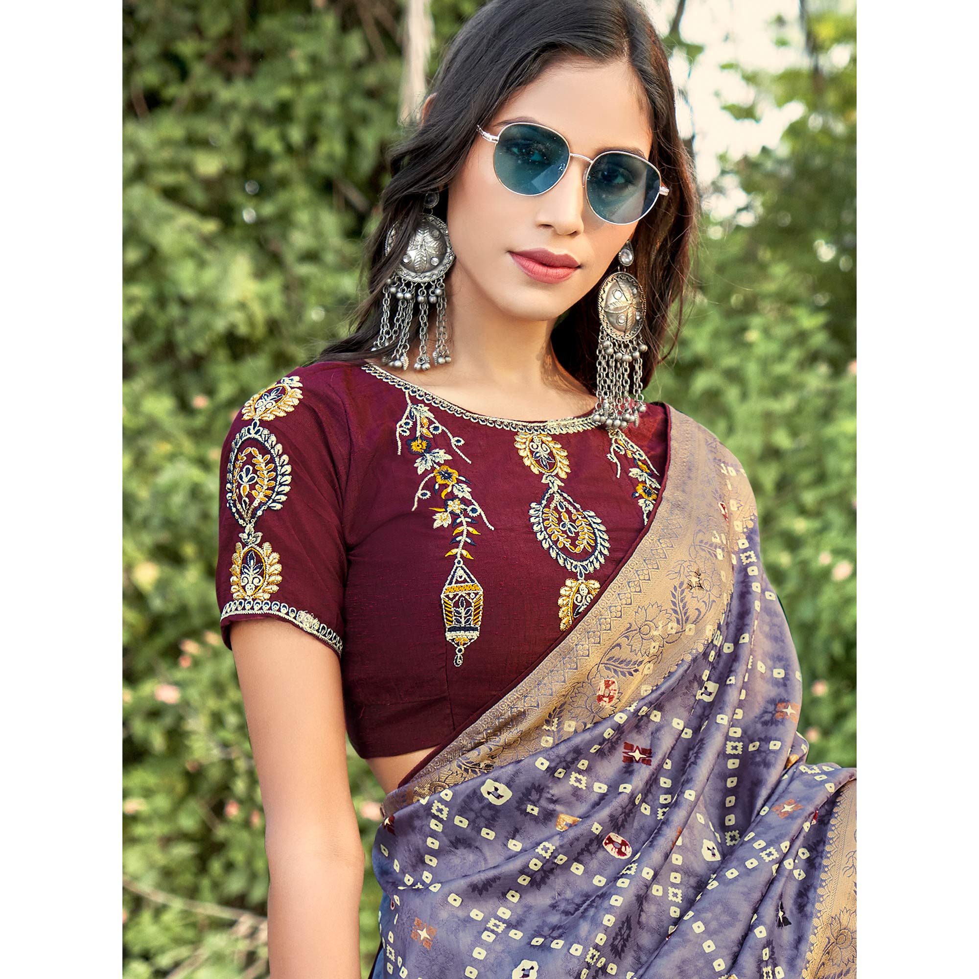 Purple Bandhani Printed Dola Silk Saree