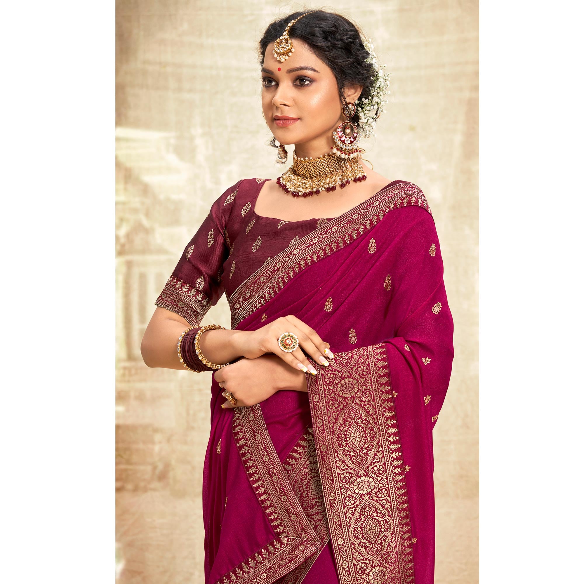 Pink Floral Zari Weaving Vichitra Silk Saree