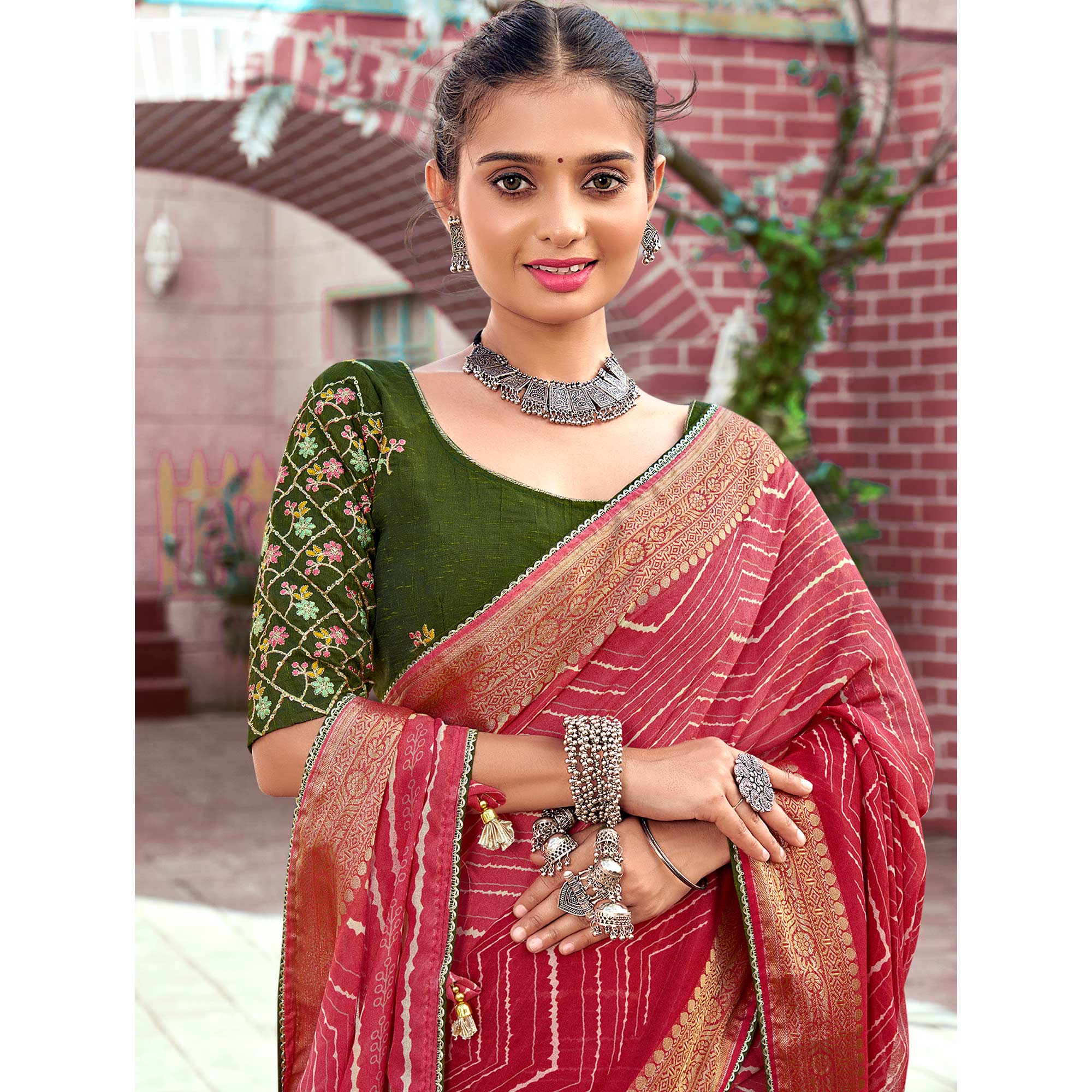 Pink Leheriya Printed Georgette Saree With Jacquard Border