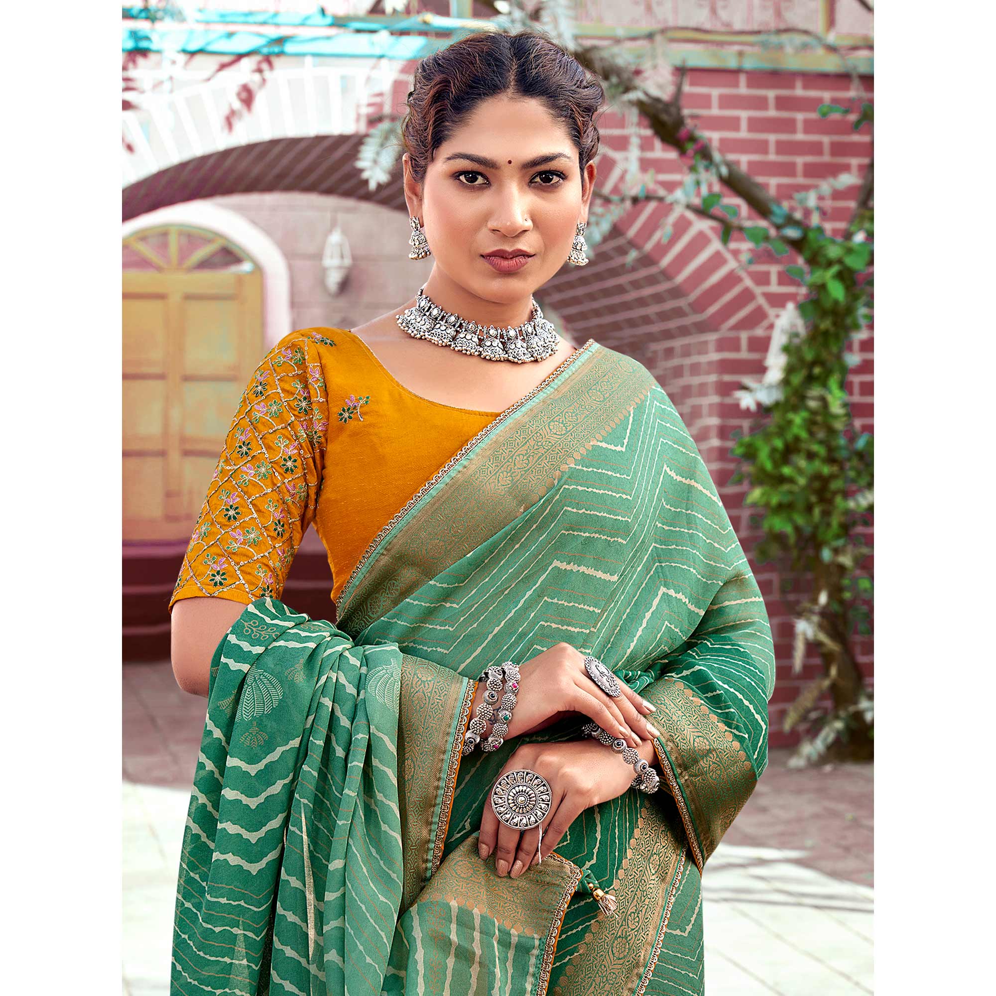 Green Leheriya Printed Georgette Saree With Jacquard Border