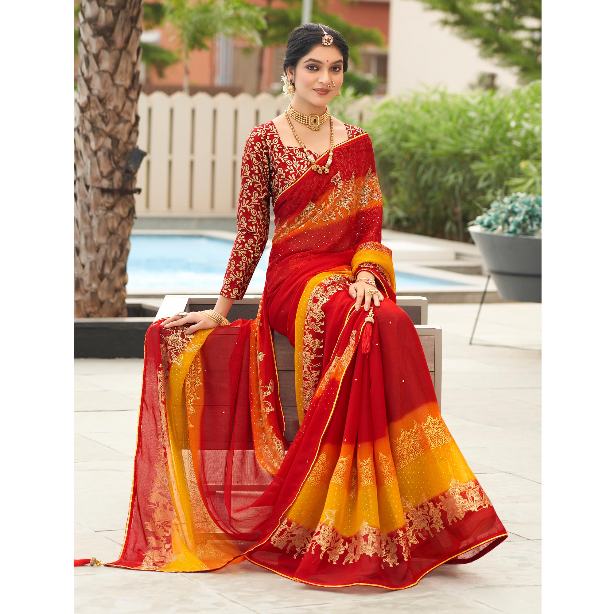 Red & Yellow Foil Printed Chiffon Saree