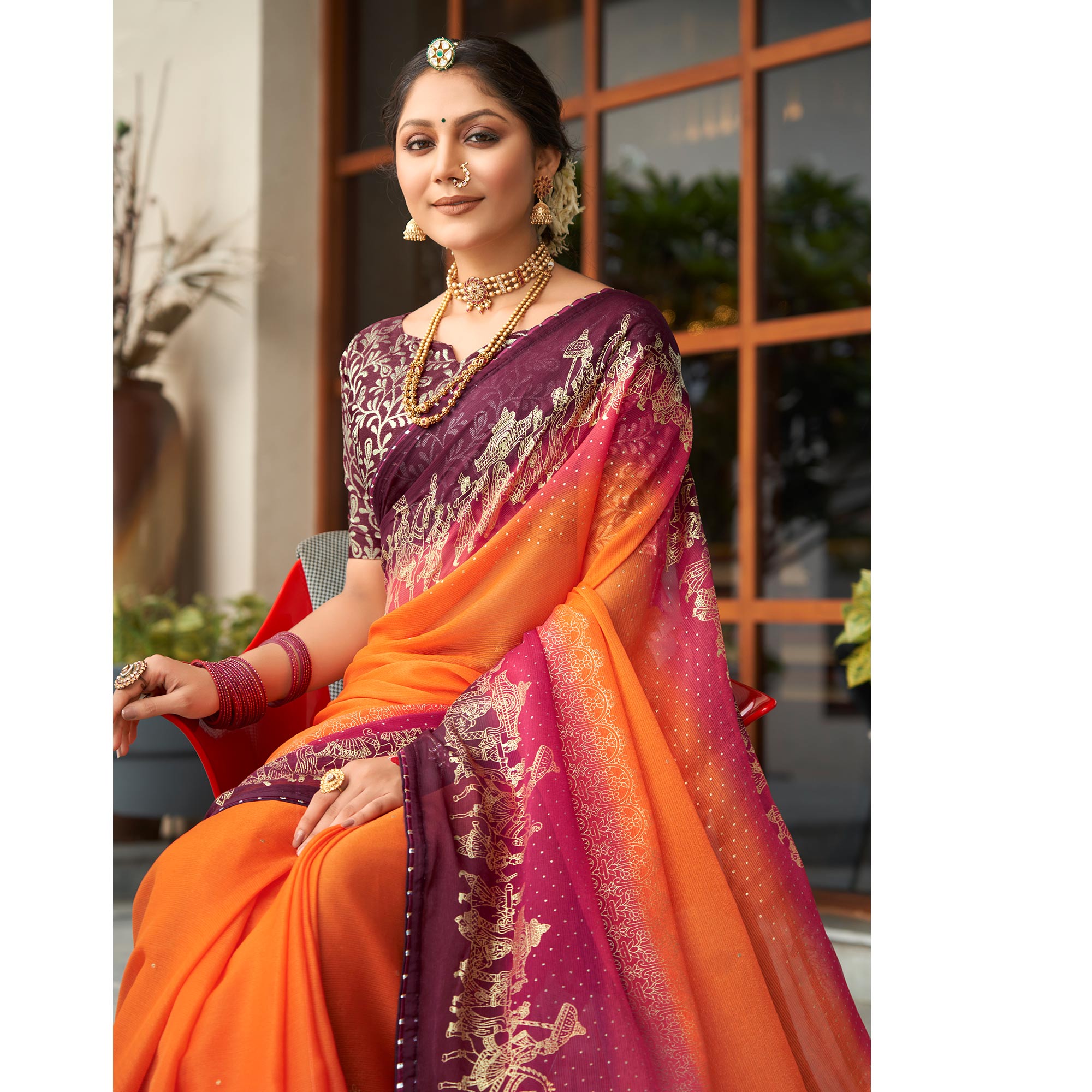 Orange & Wine Foil Printed Chiffon Saree