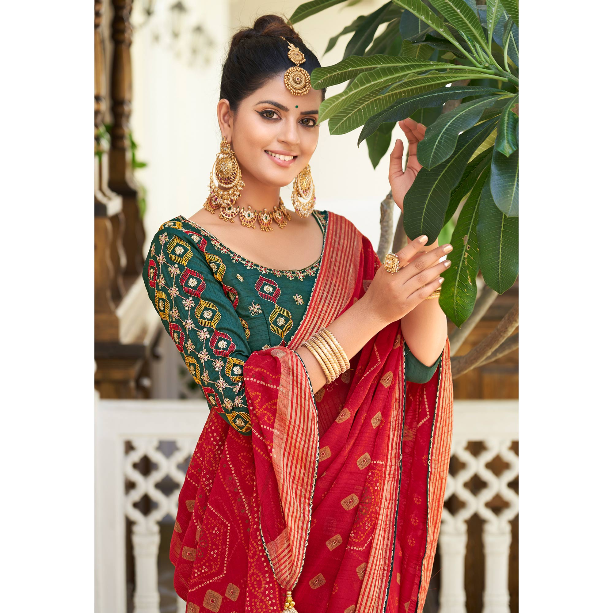 Red Bandhani Printed Chiffon Saree With Tassels