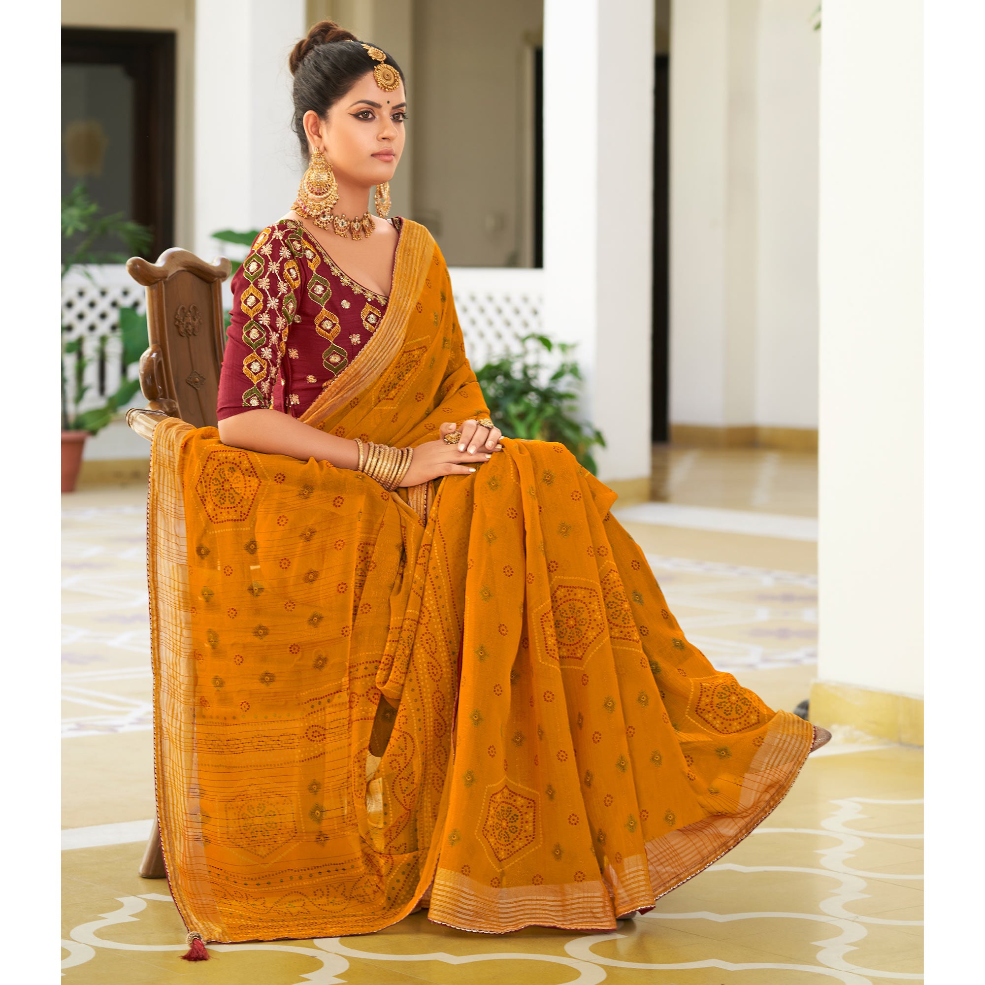 Mustard Bandhani Printed Chiffon Saree With Tassels