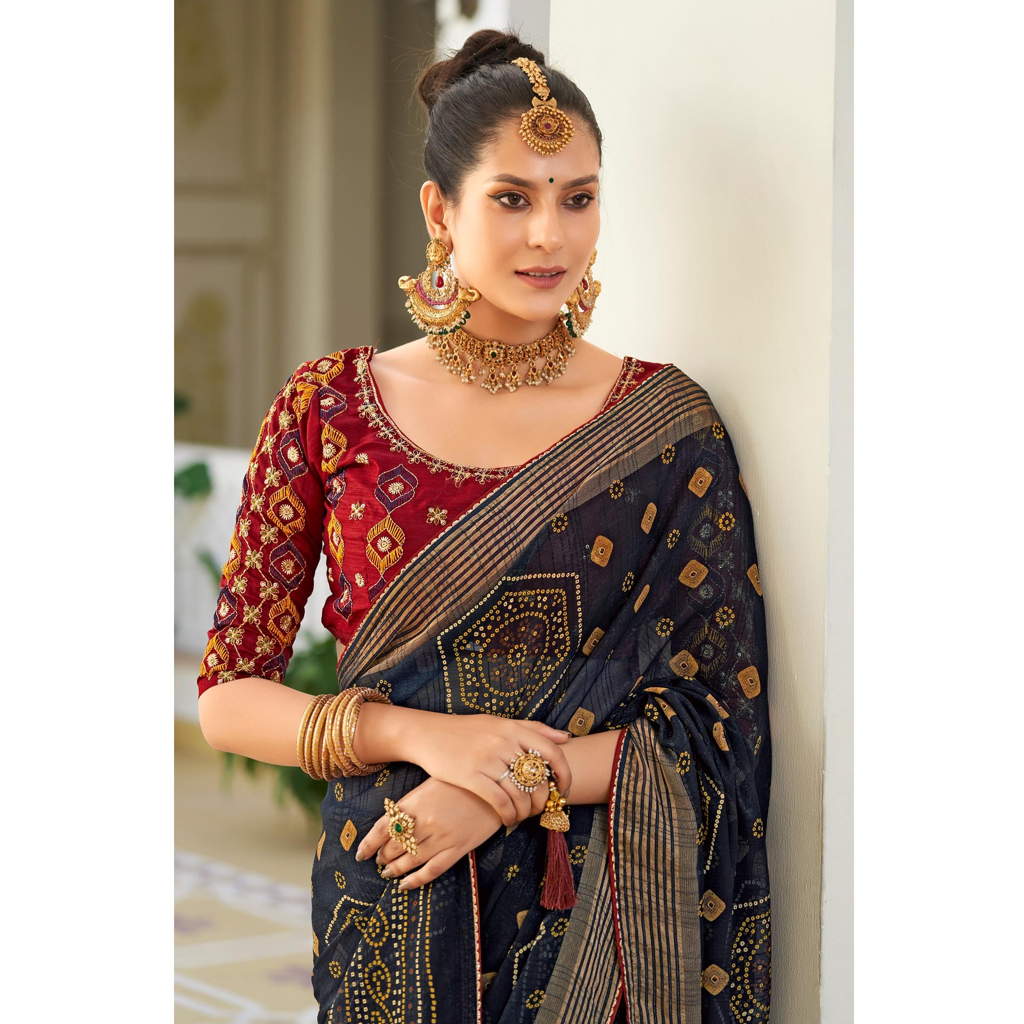 Blue Bandhani Printed Chiffon Saree With Tassels